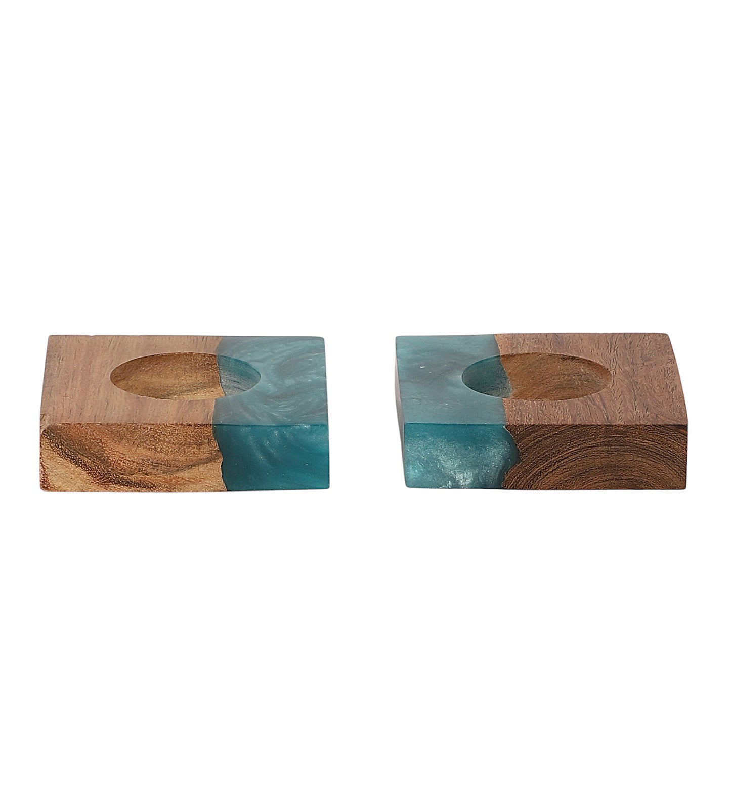 Green Resin & Mangowood Tealight Holder Set of 2