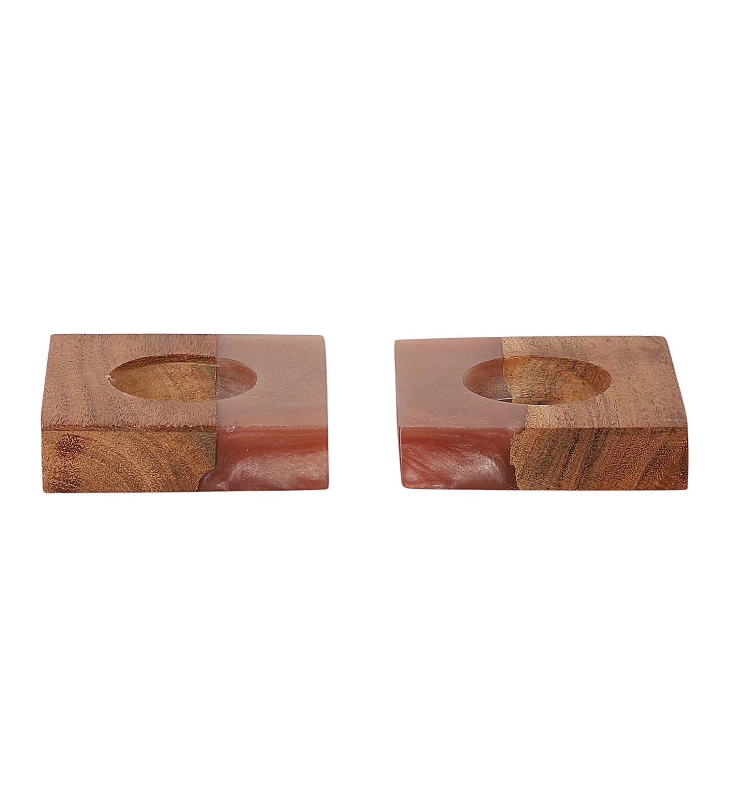 Pink Resin & Mangowood Tealight Holder Set of 2
