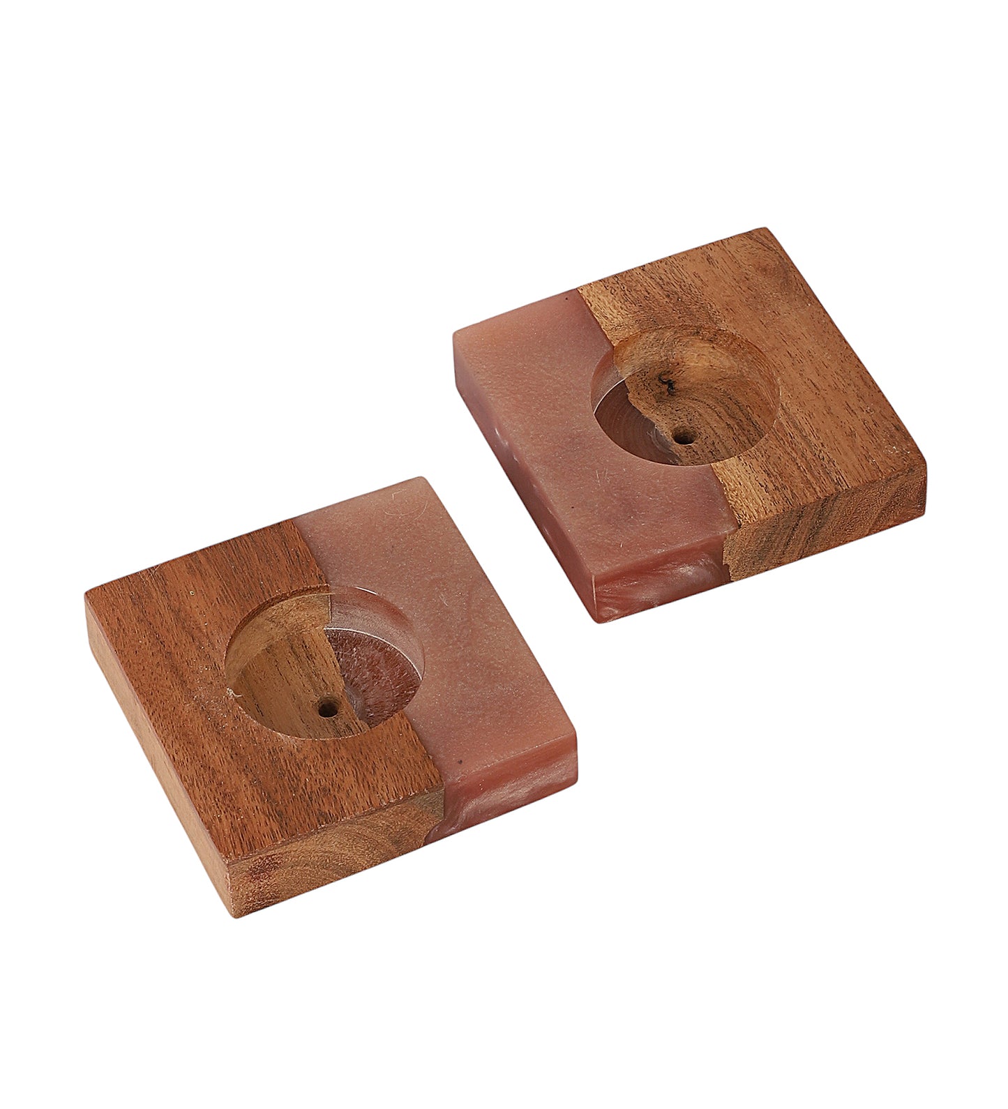 Pink Resin & Mangowood Tealight Holder Set of 2
