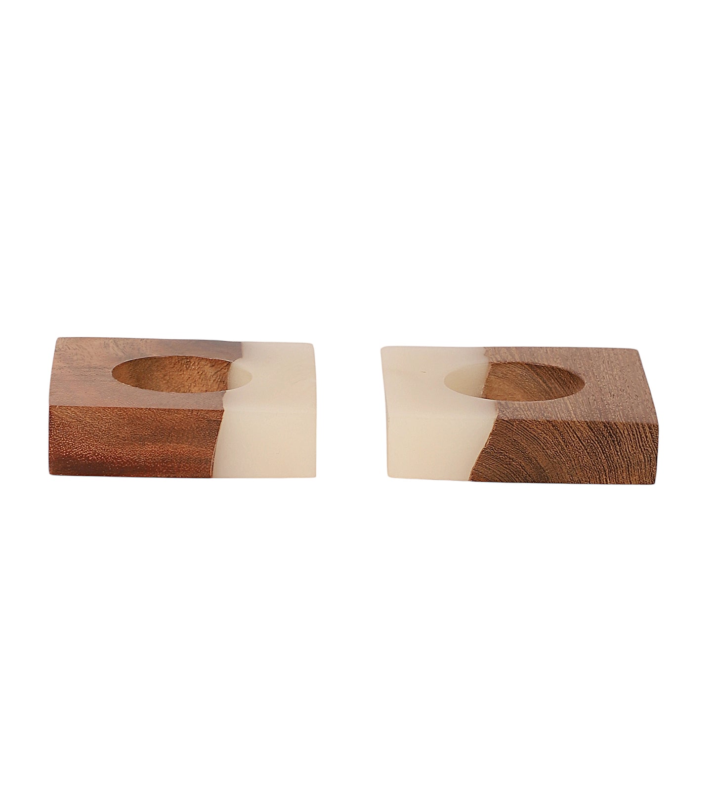 Cream Resin & Mangowood Tealight Holder Set of 2
