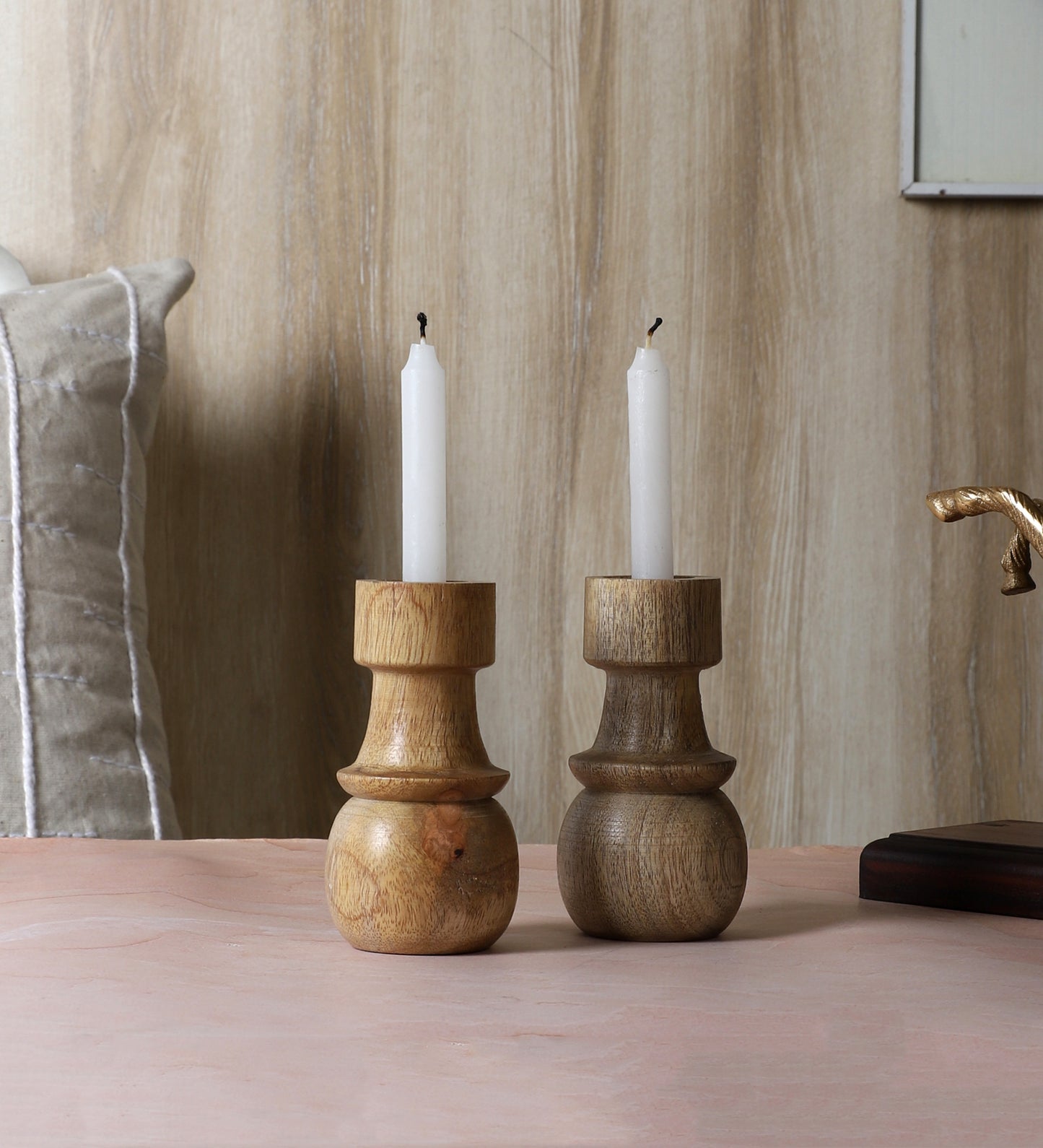 MangwoWood Round Base Candle Stand Set of 2