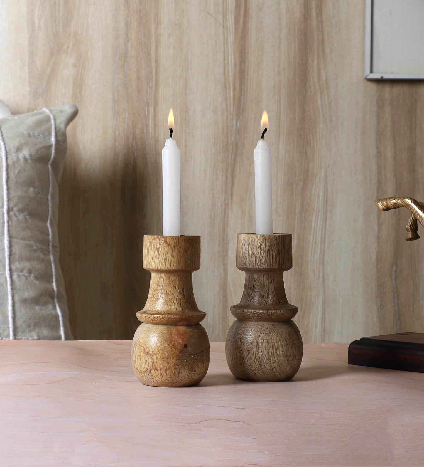 MangwoWood Round Base Candle Stand Set of 2