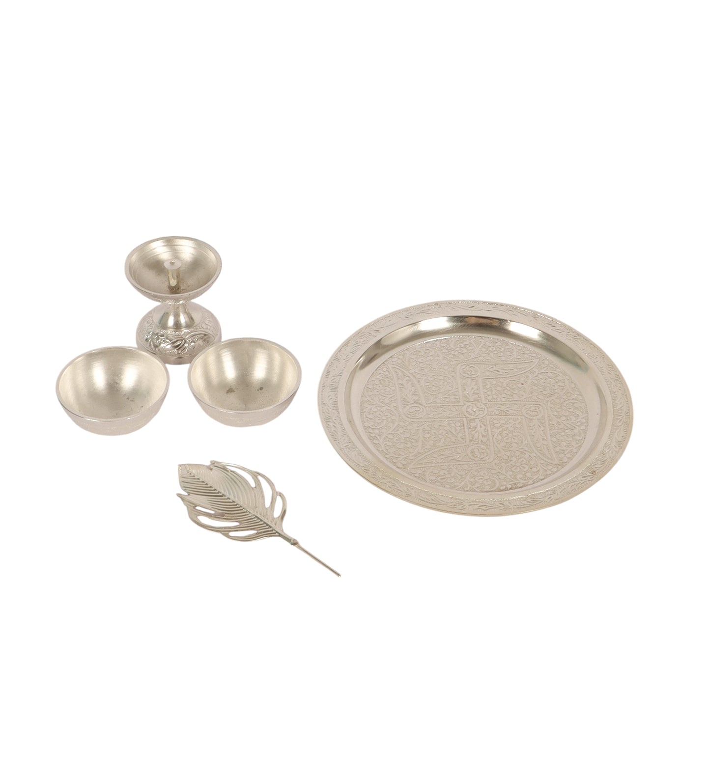 Silver aluminium Pooja thali Set of 5 with velvet box