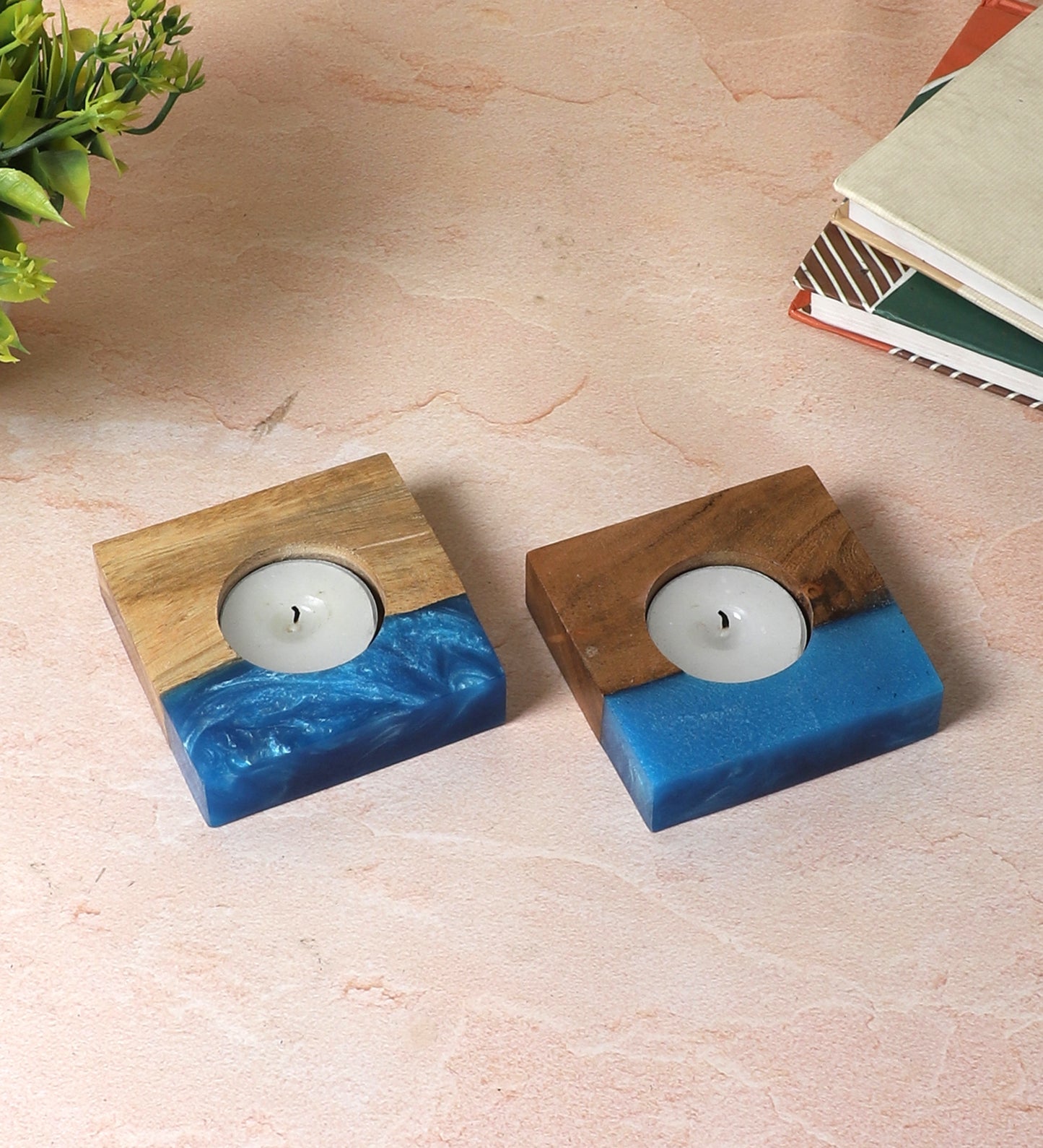 Blue Resin & Mangowood Tealight Holder Set of 2