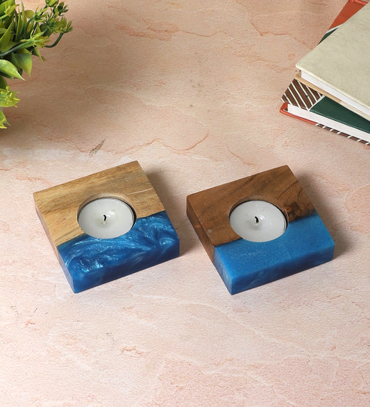 Blue Resin & Mangowood Tealight Holder Set of 2