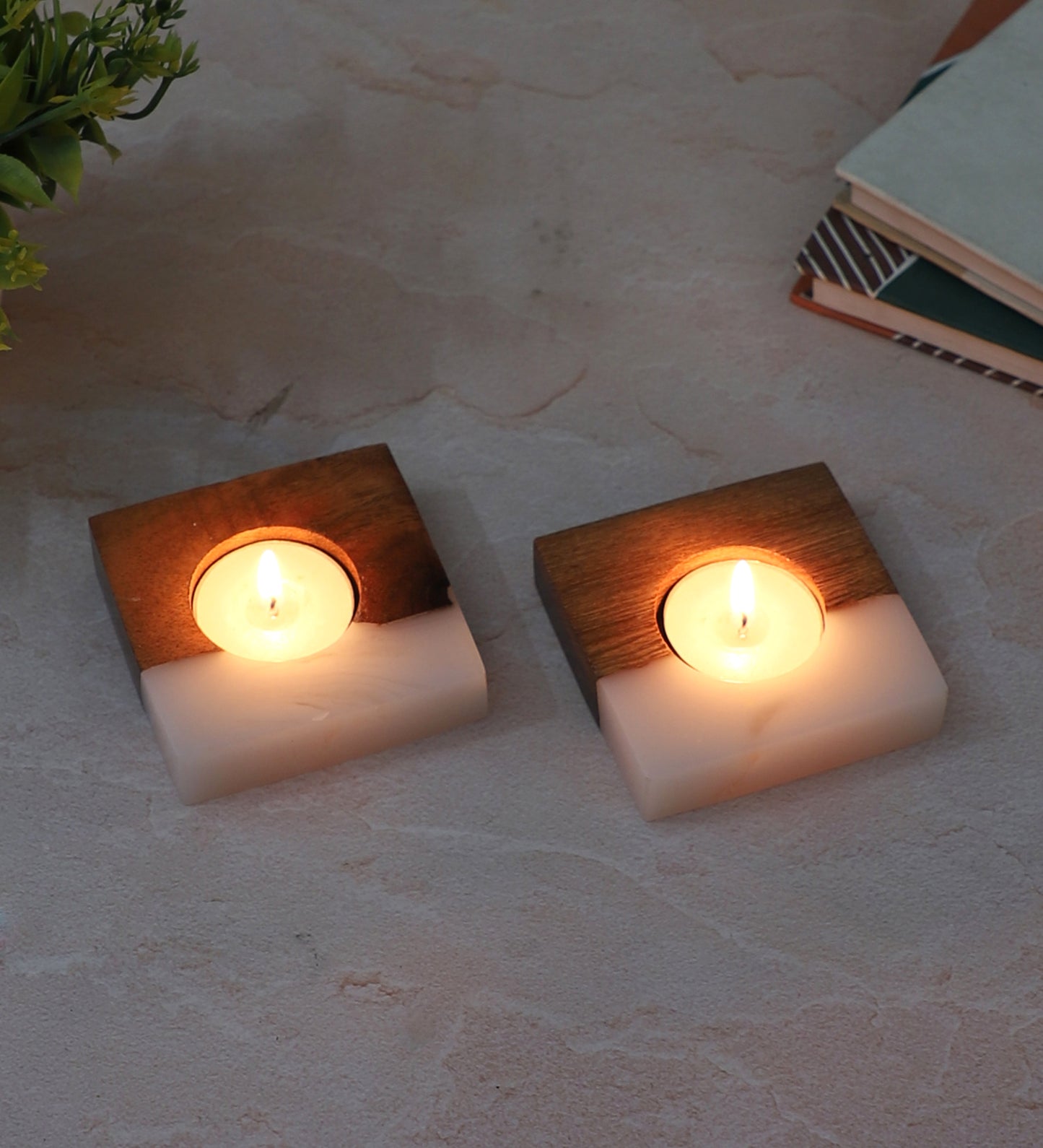 Cream Resin & Mangowood Tealight Holder Set of 2