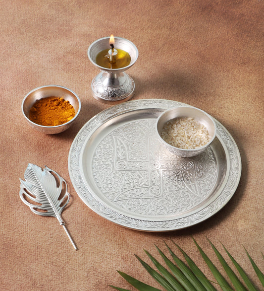 Silver aluminium Pooja thali Set of 5 with velvet box