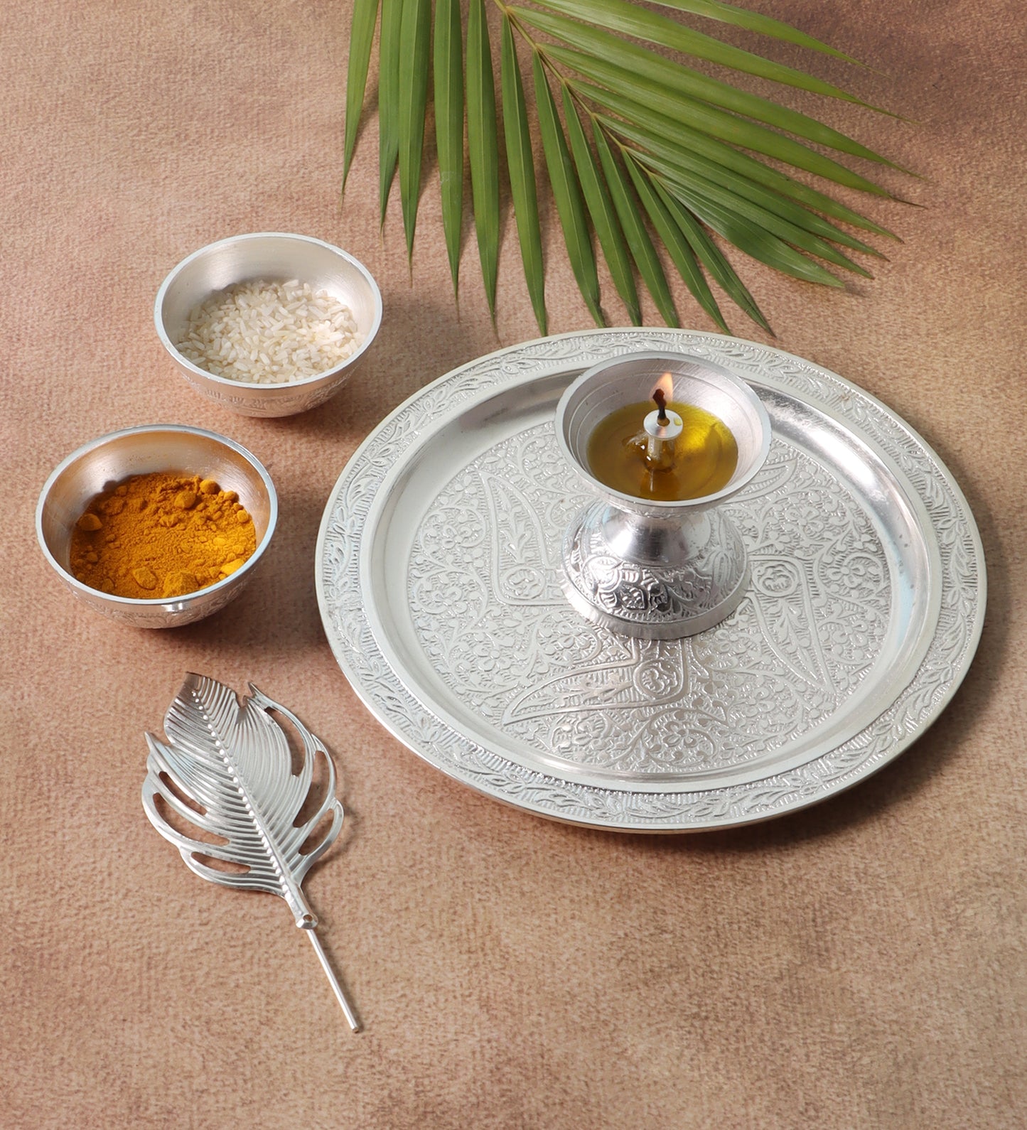Silver aluminium Pooja thali Set of 5 with velvet box