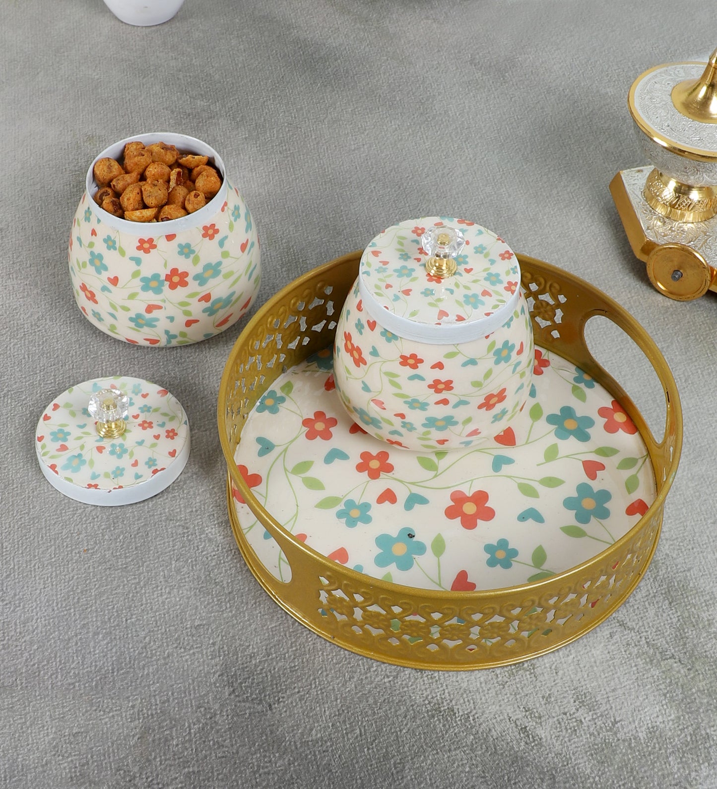Pink & Green FLower Round Basket With Jar Set of 3