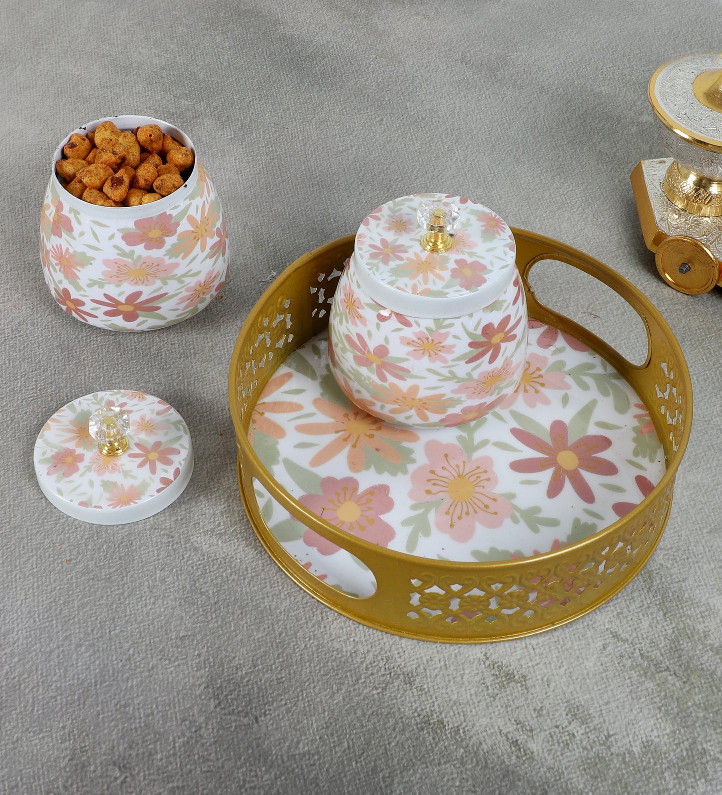 Multicolor FLowers Round Basket With Jar Set of 3