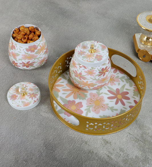 Multicolor FLowers Round Basket With Jar Set of 3