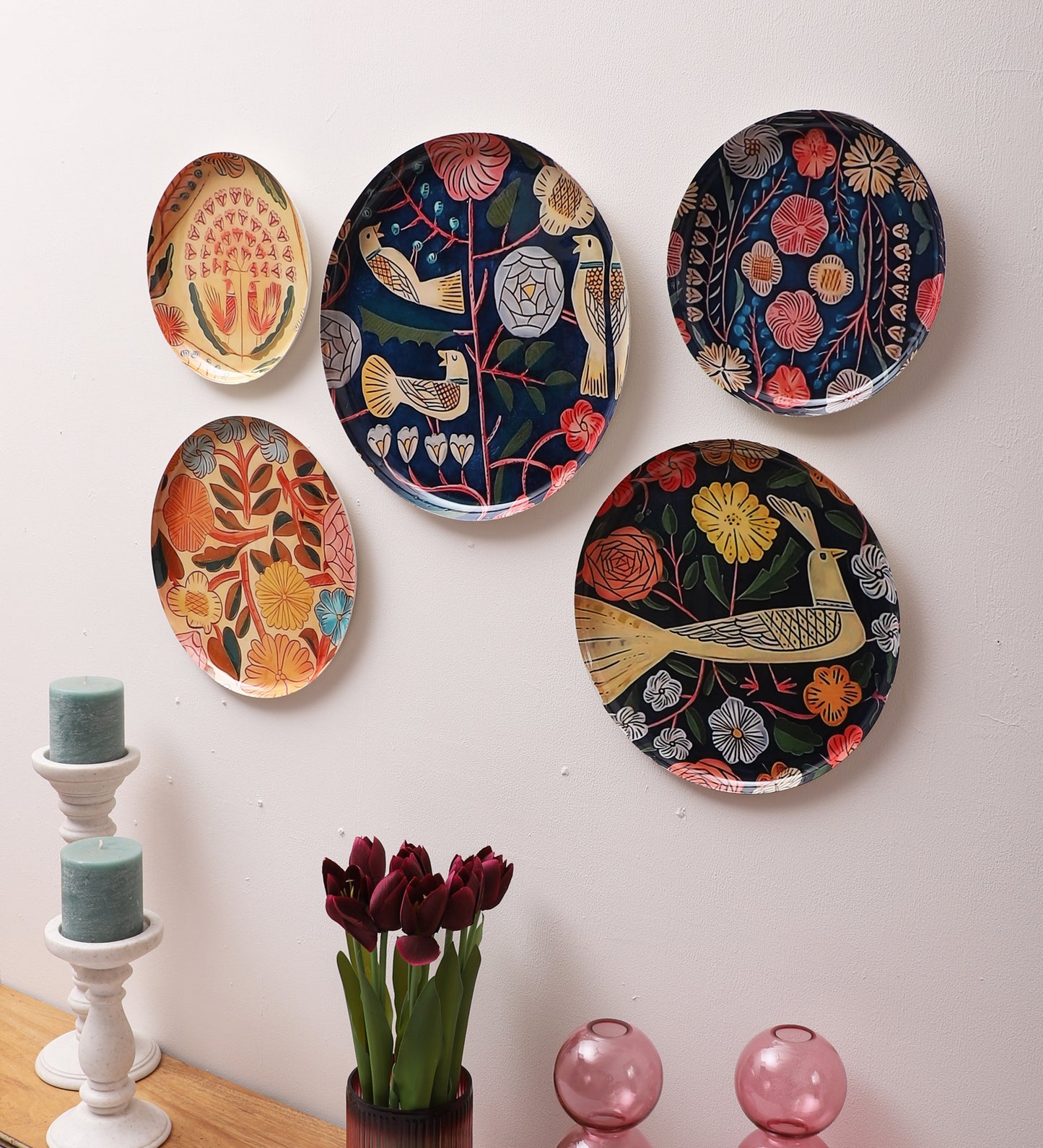 Bird Metal & Meena Wall Plates Set of 5