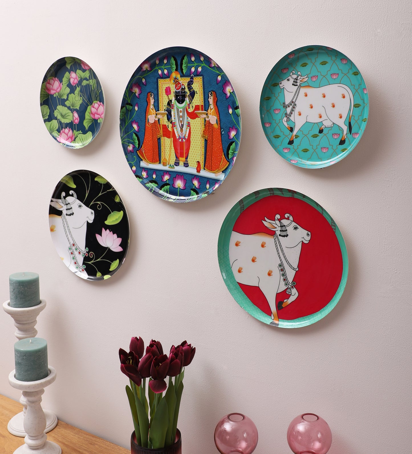 Cow Metal & Meena Wall Plates Set of 5