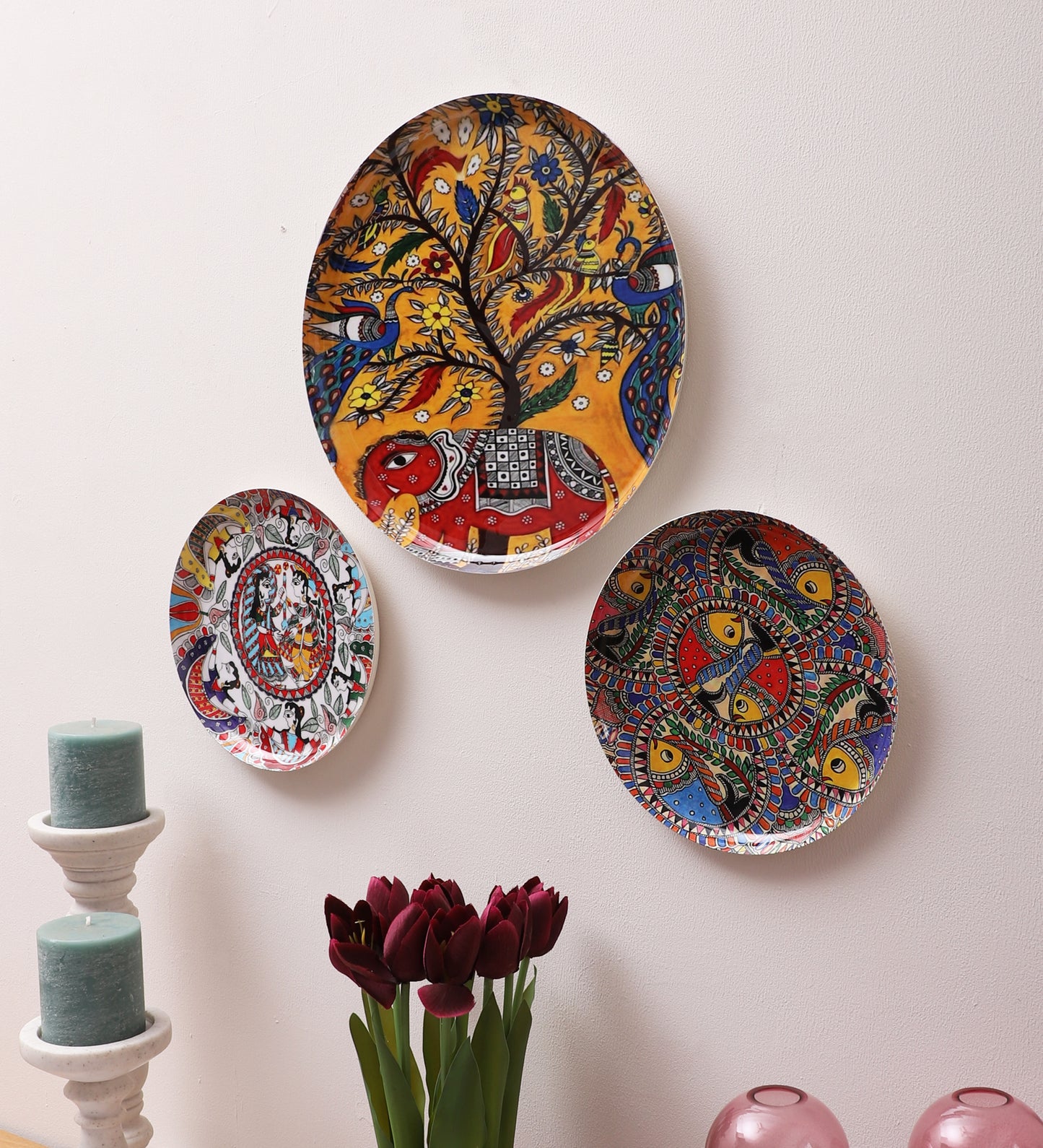 Elephant & Fish  Metal & Meena Wall Plates Set of 3