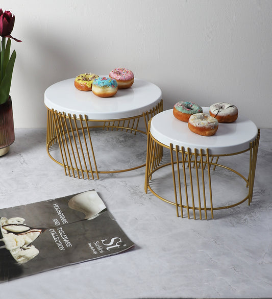 White & Gold Round Striped Buffet Platter Set of 2