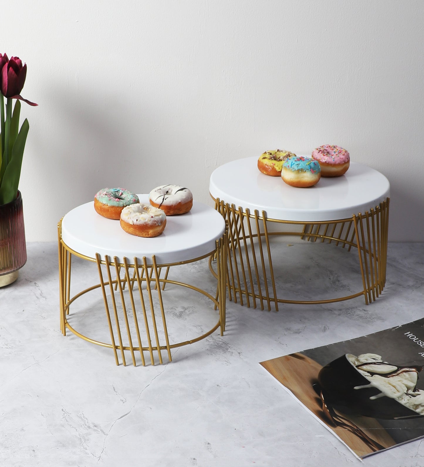 White & Gold Round Striped Buffet Platter Set of 2