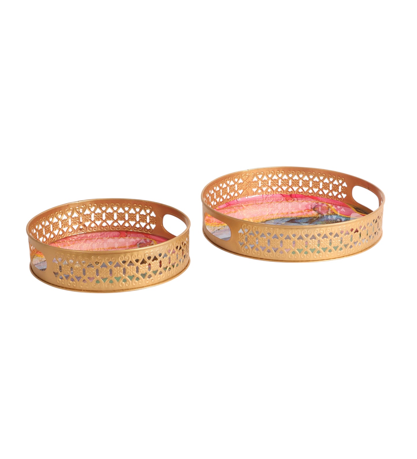 Pink &  Blue Peacock Tray Set of 2