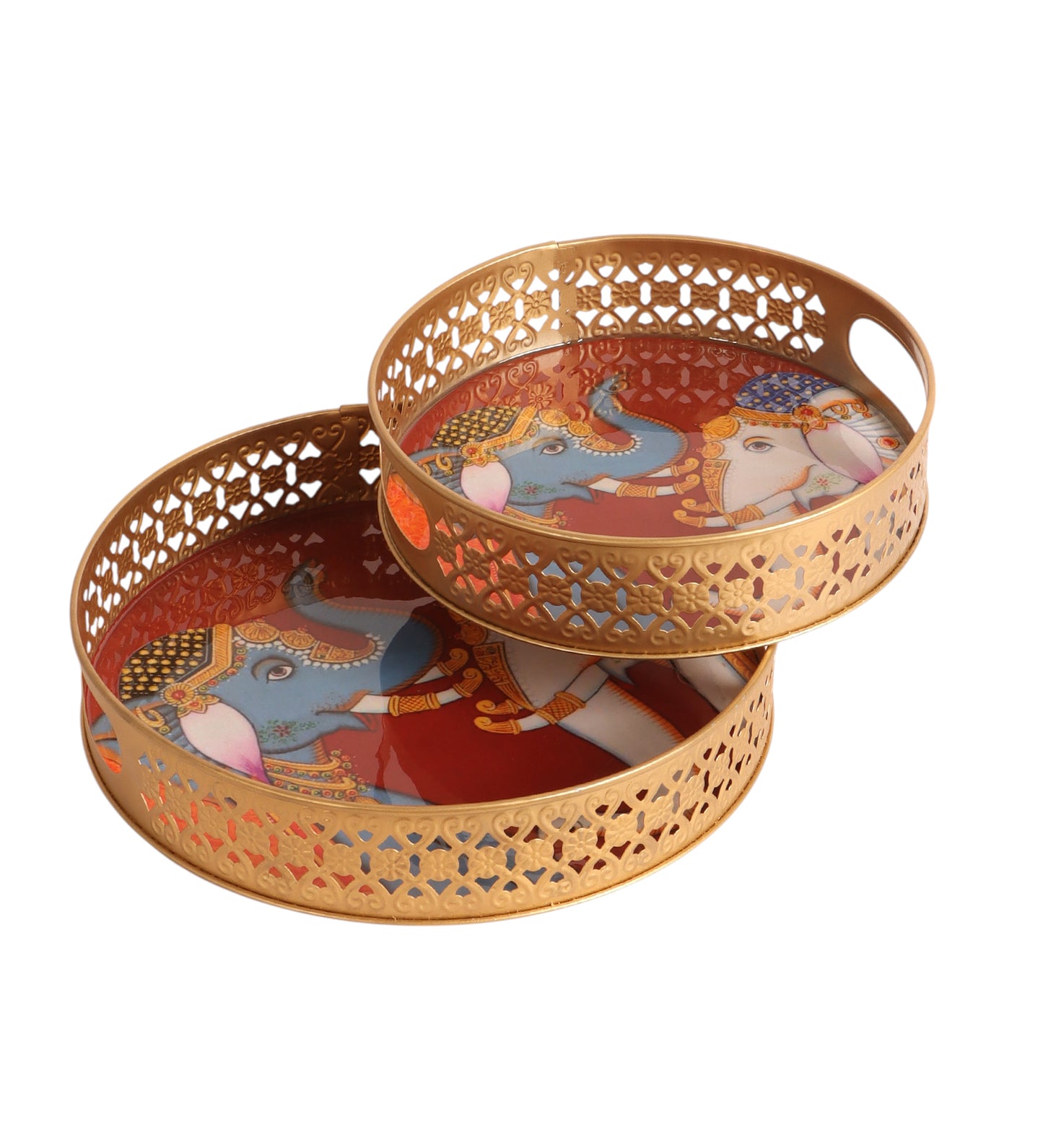 Elephant Blue & White Round Pichwai Tray Set of 2