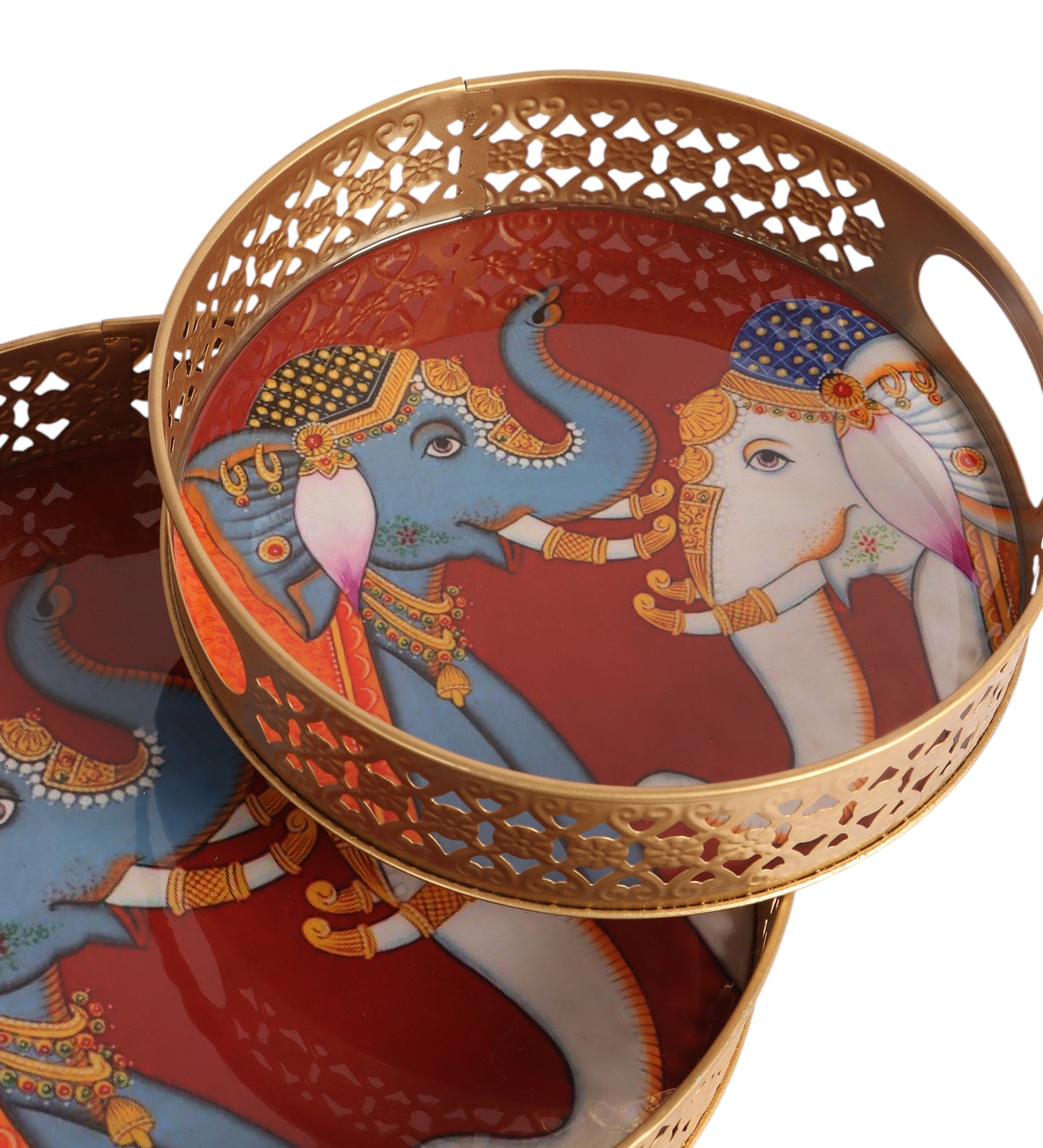 Elephant Blue & White Round Pichwai Tray Set of 2