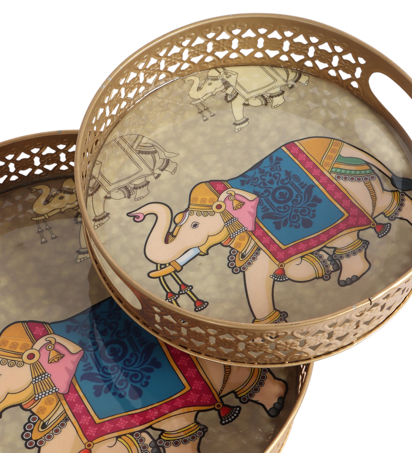 Blue & White Big Elephant Pichwai Tray Set of 2