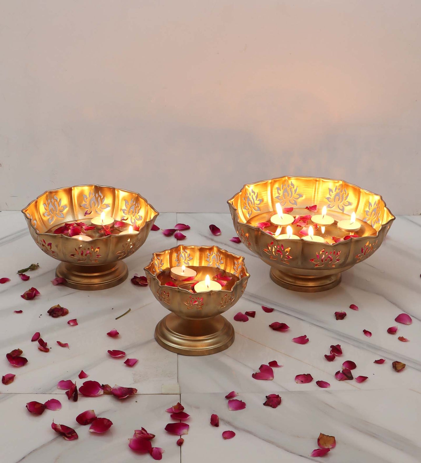 Big Bowl Lotus Cut Urli With Base Set of 3