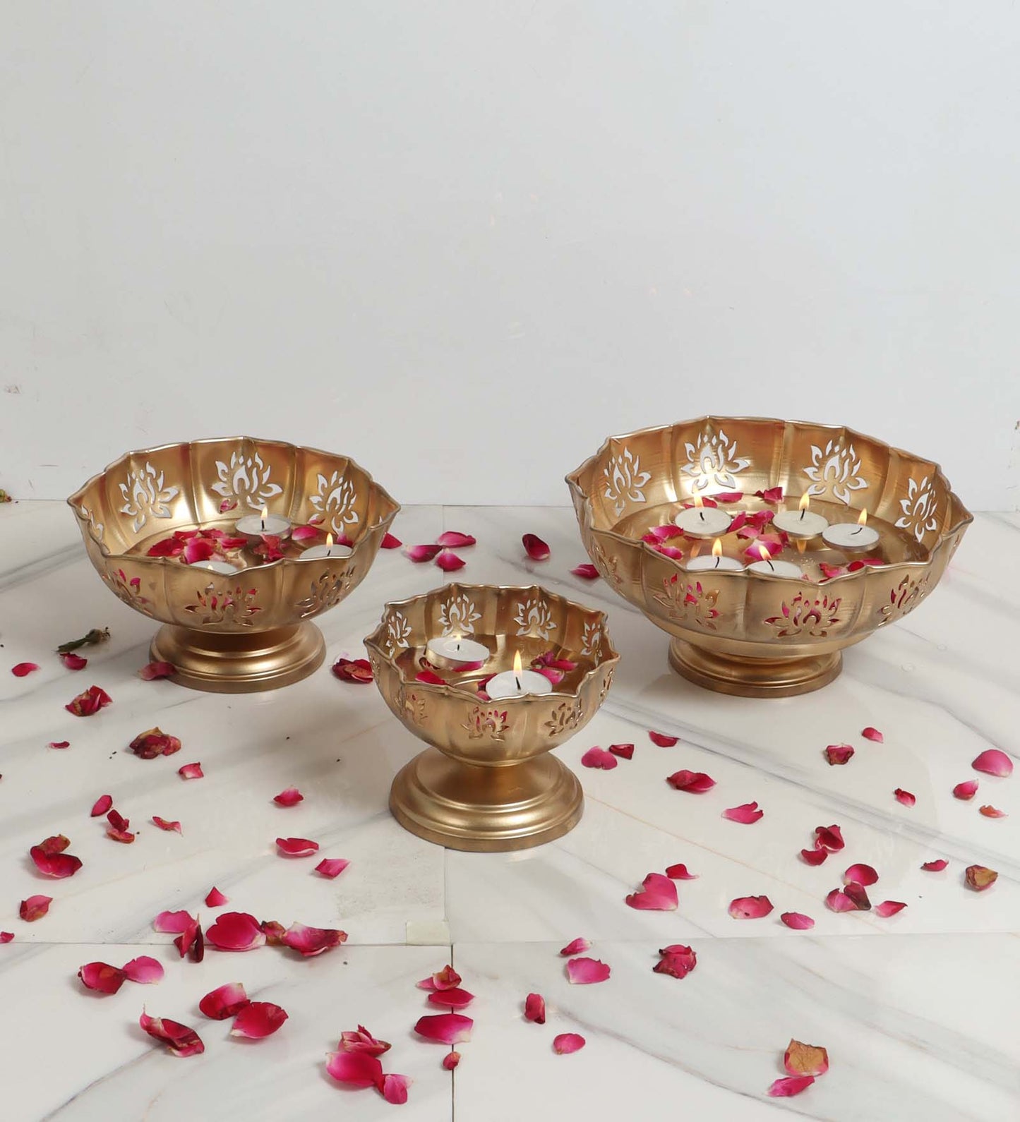 Big Bowl Lotus Cut Urli With Base Set of 3