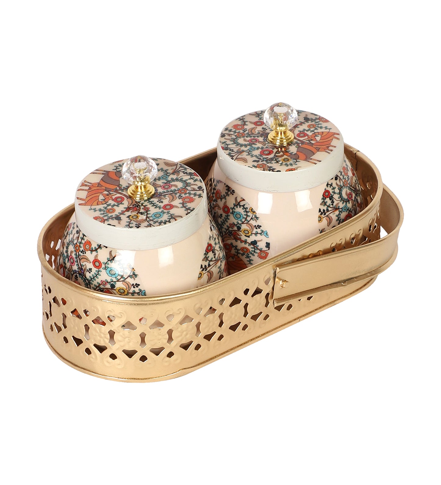 Peacock Print Jars WIth basket Set of 3
