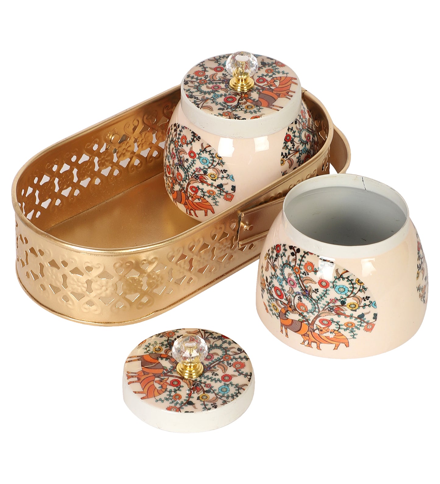 Peacock Print Jars WIth basket Set of 3