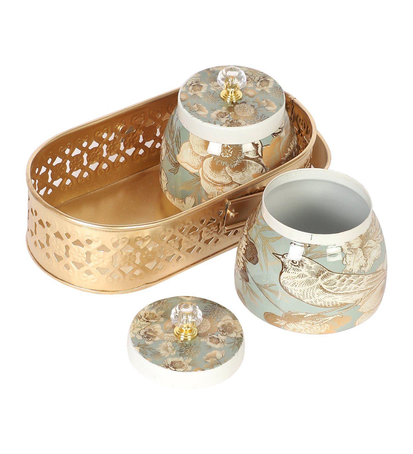 Bird Print Metal Jar With basket Set of 3