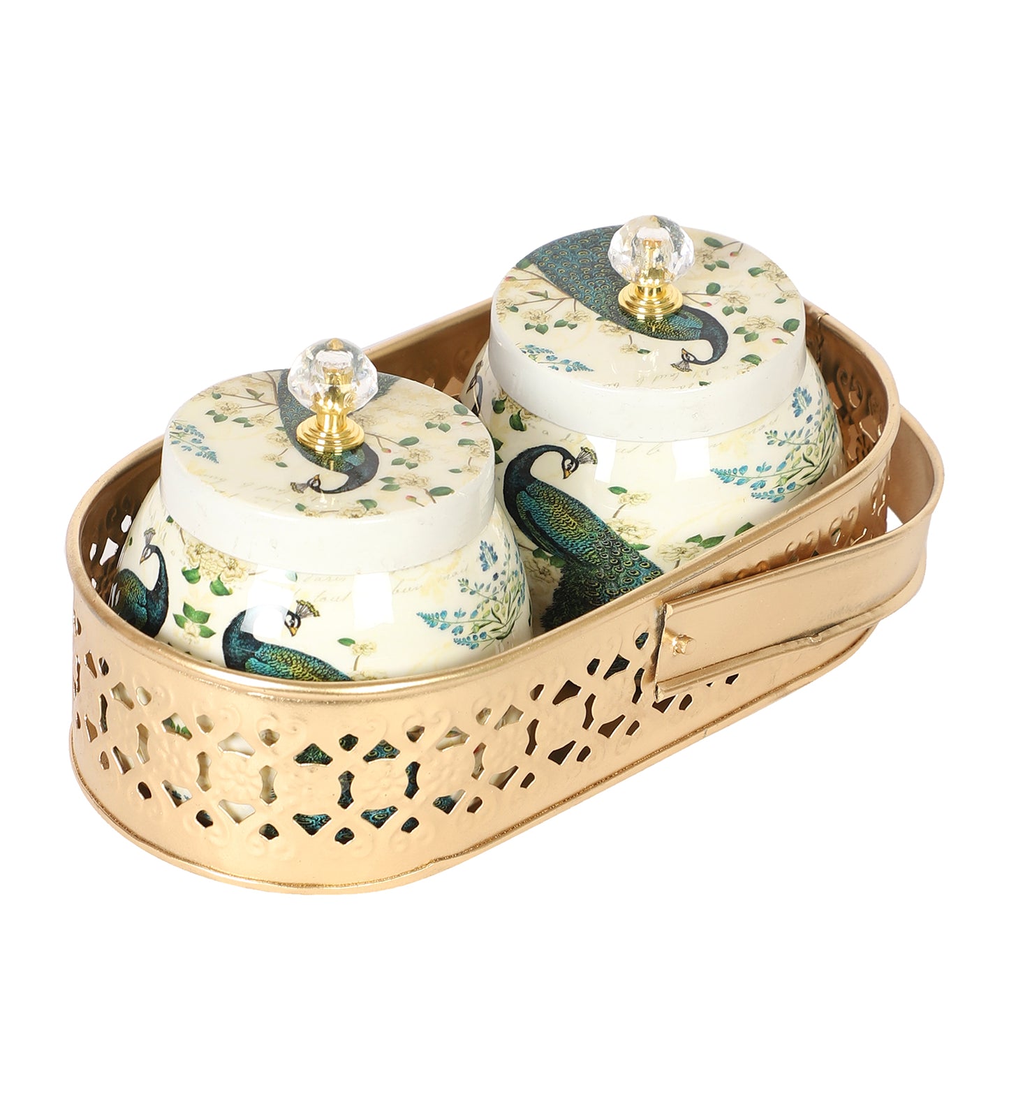 Green Peacock Print Jars basket Set of 2