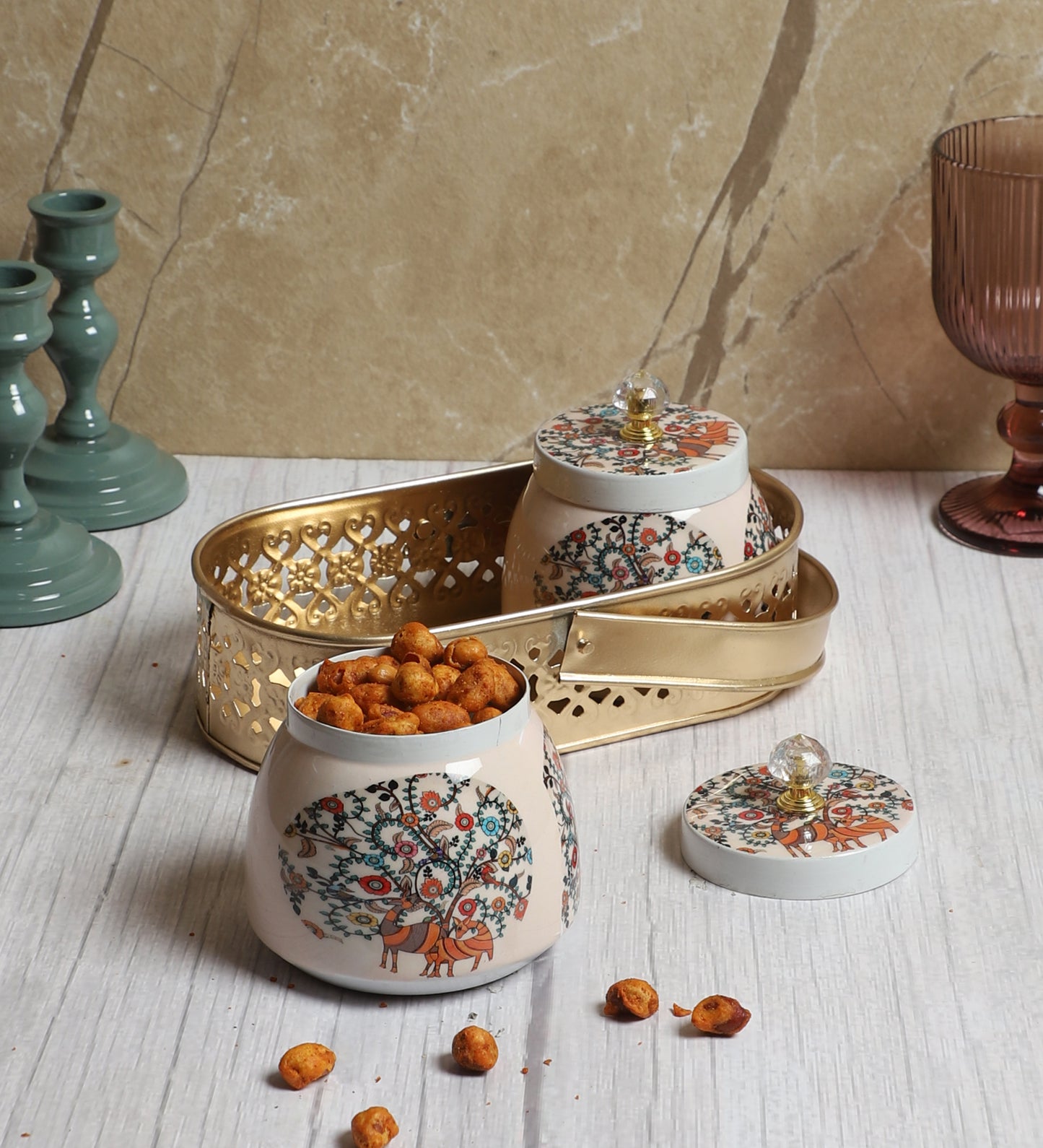 Peacock Print Jars WIth basket Set of 2
