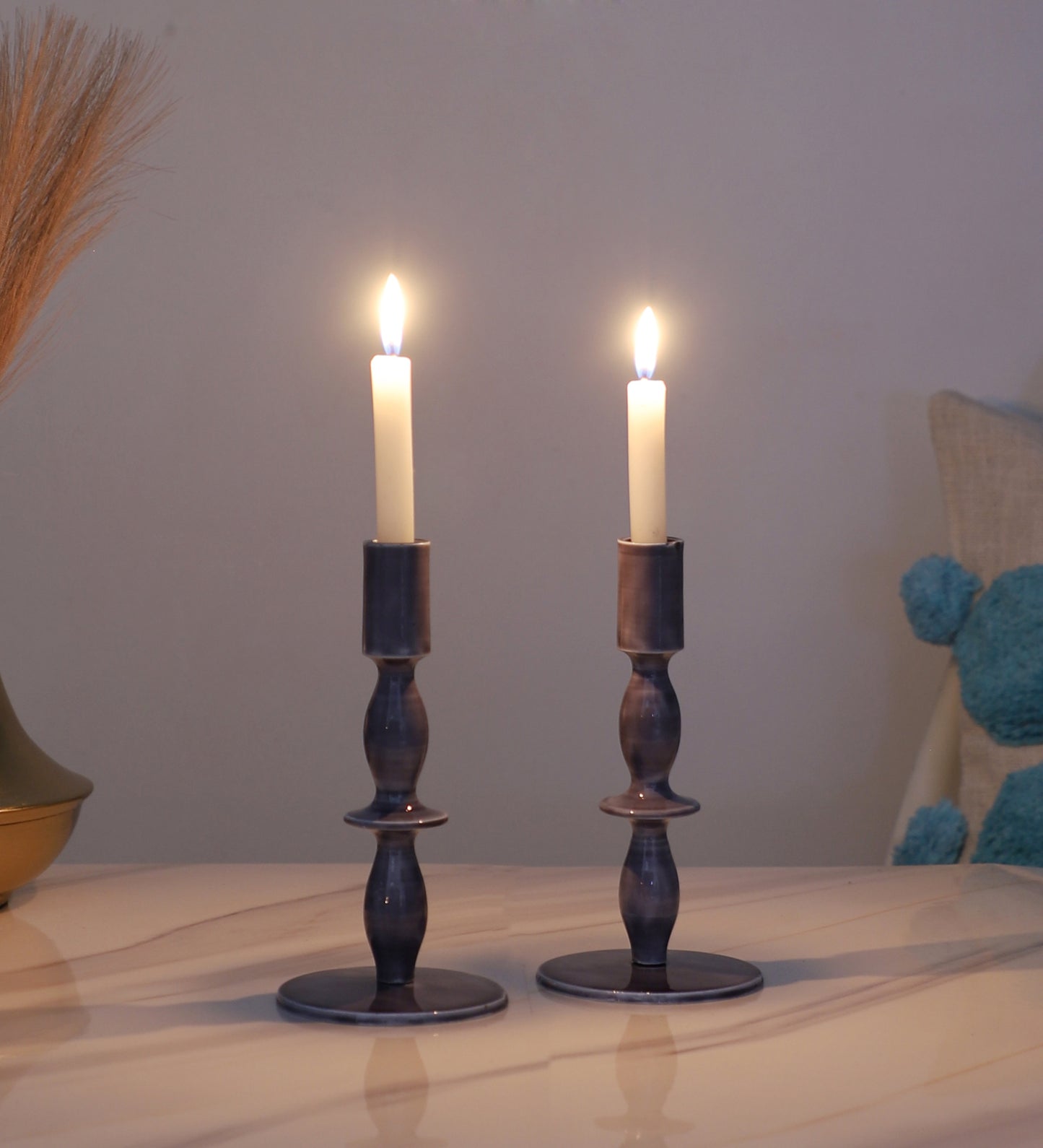 Aluminum Blue Resin Candle Stand Set of 2