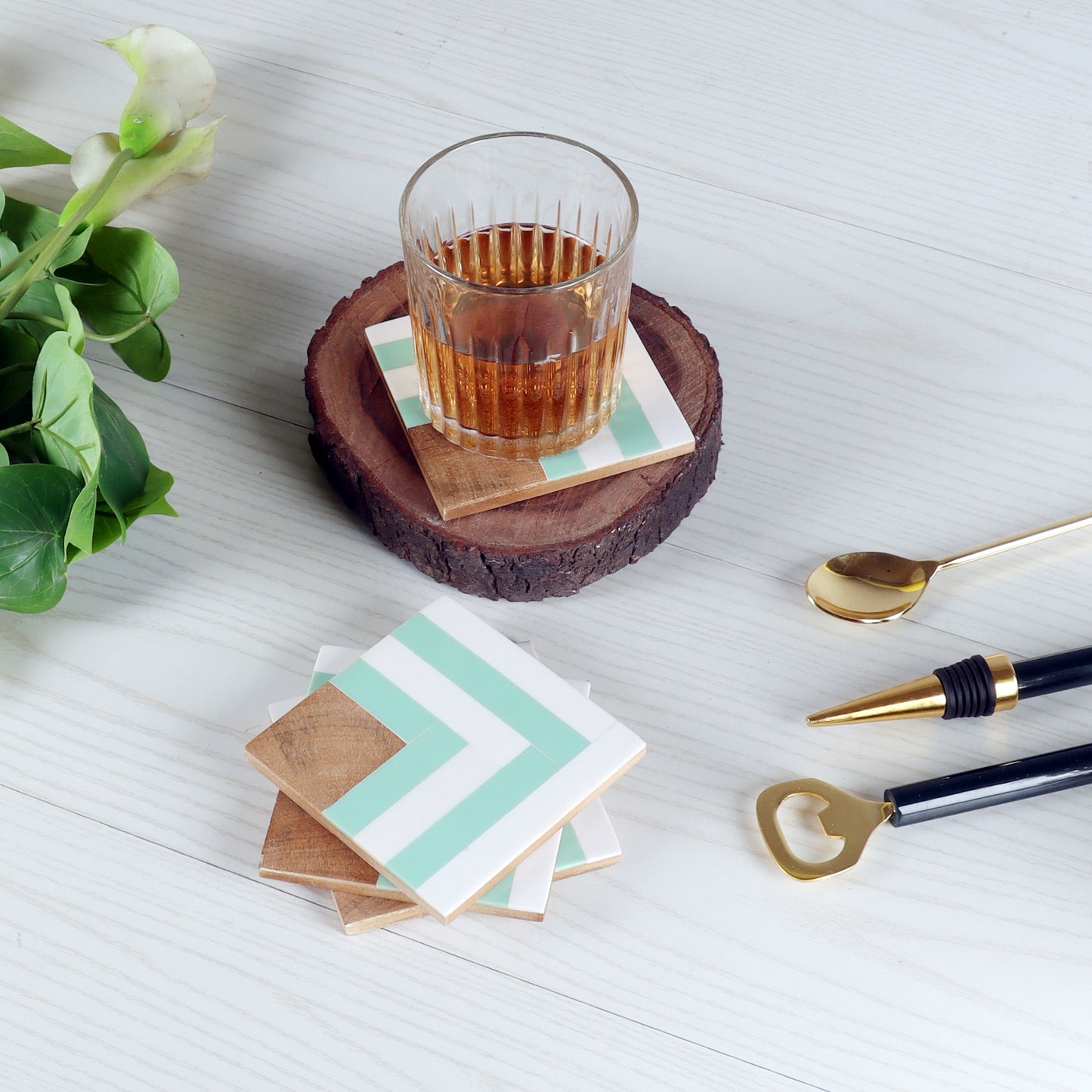 Resin Green & White Stripes Coaster Set of 4