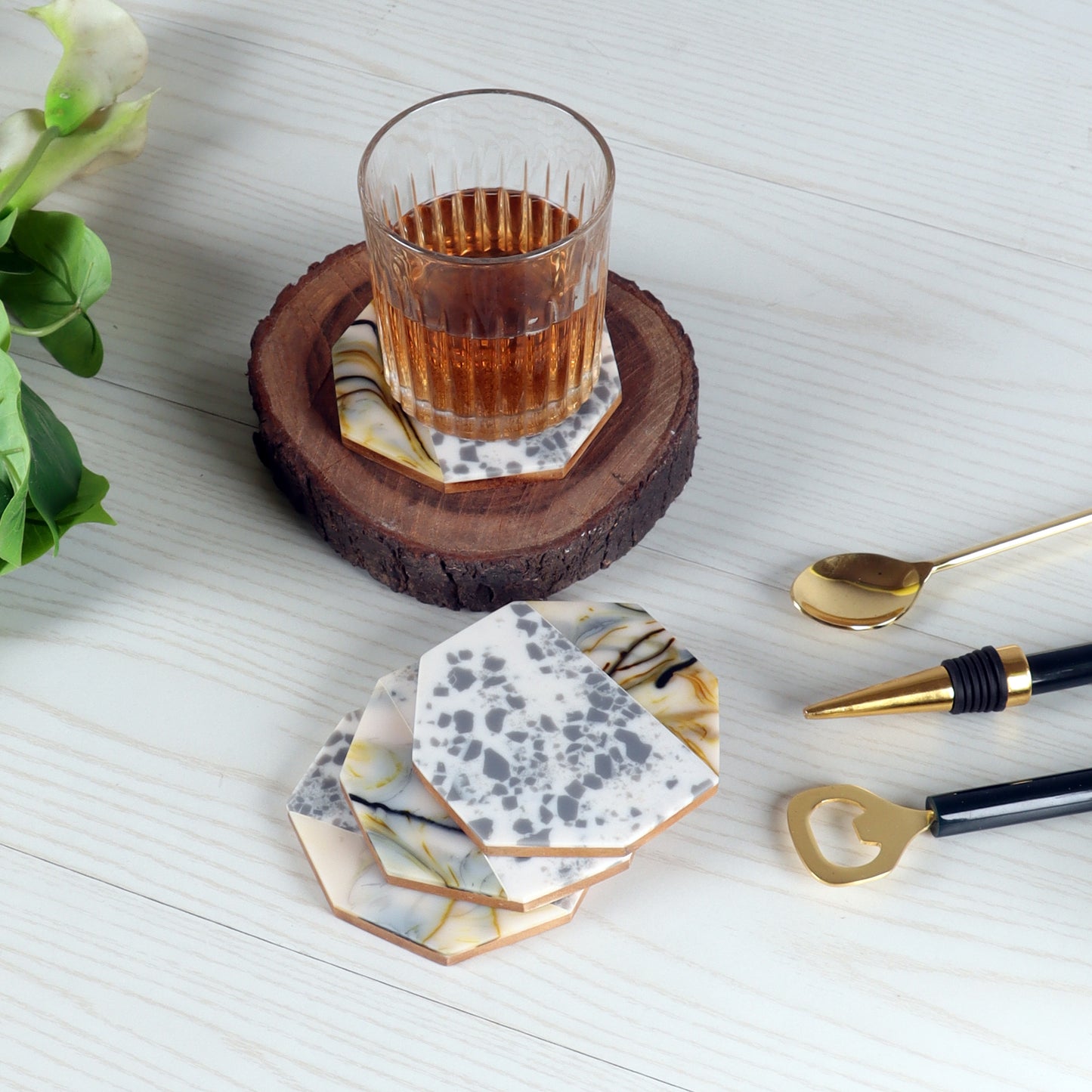 Green Hexagon Resin Coaster Set of 4