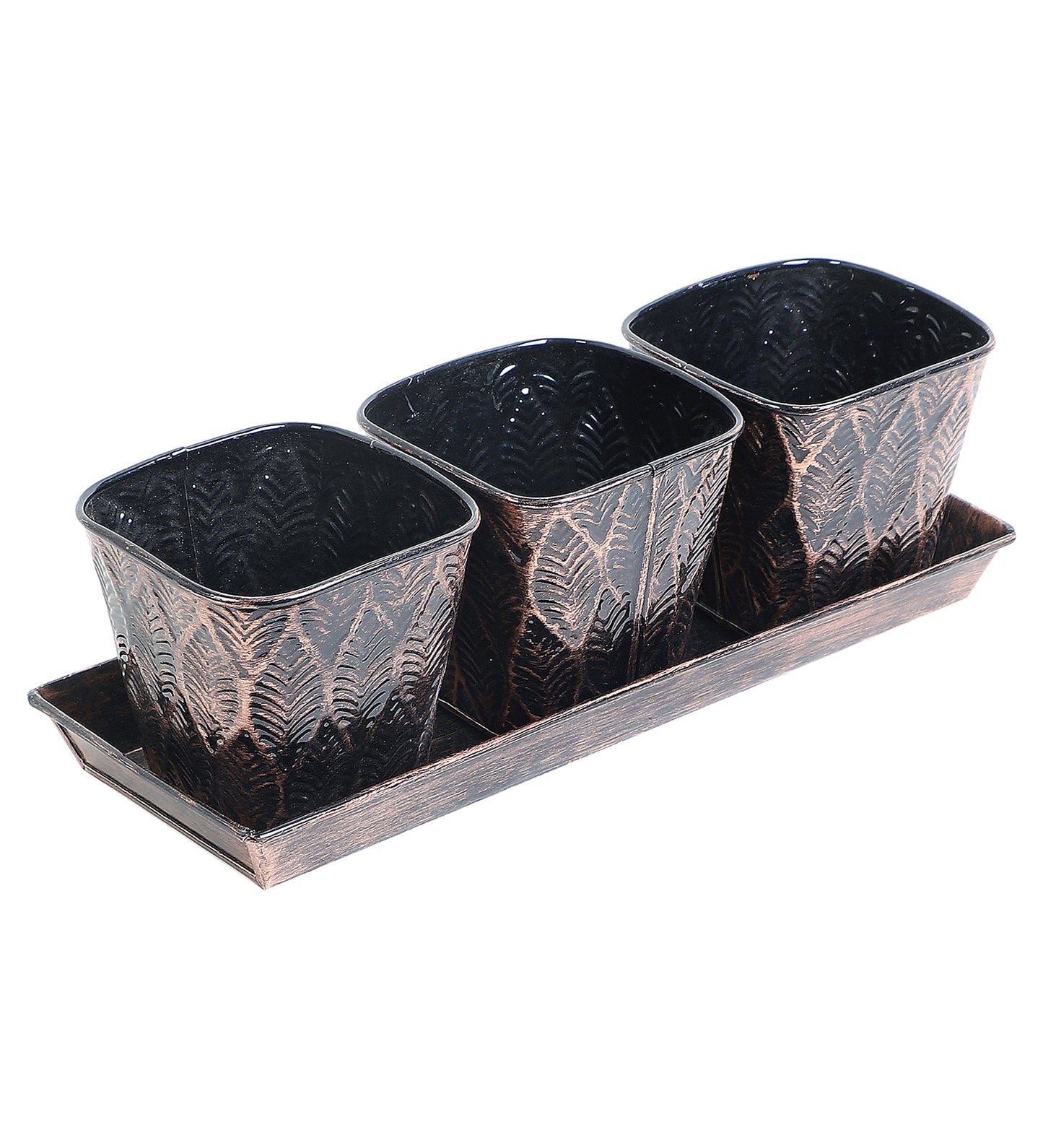 Copper & Black Metal Table Planters with Tray Set of 4