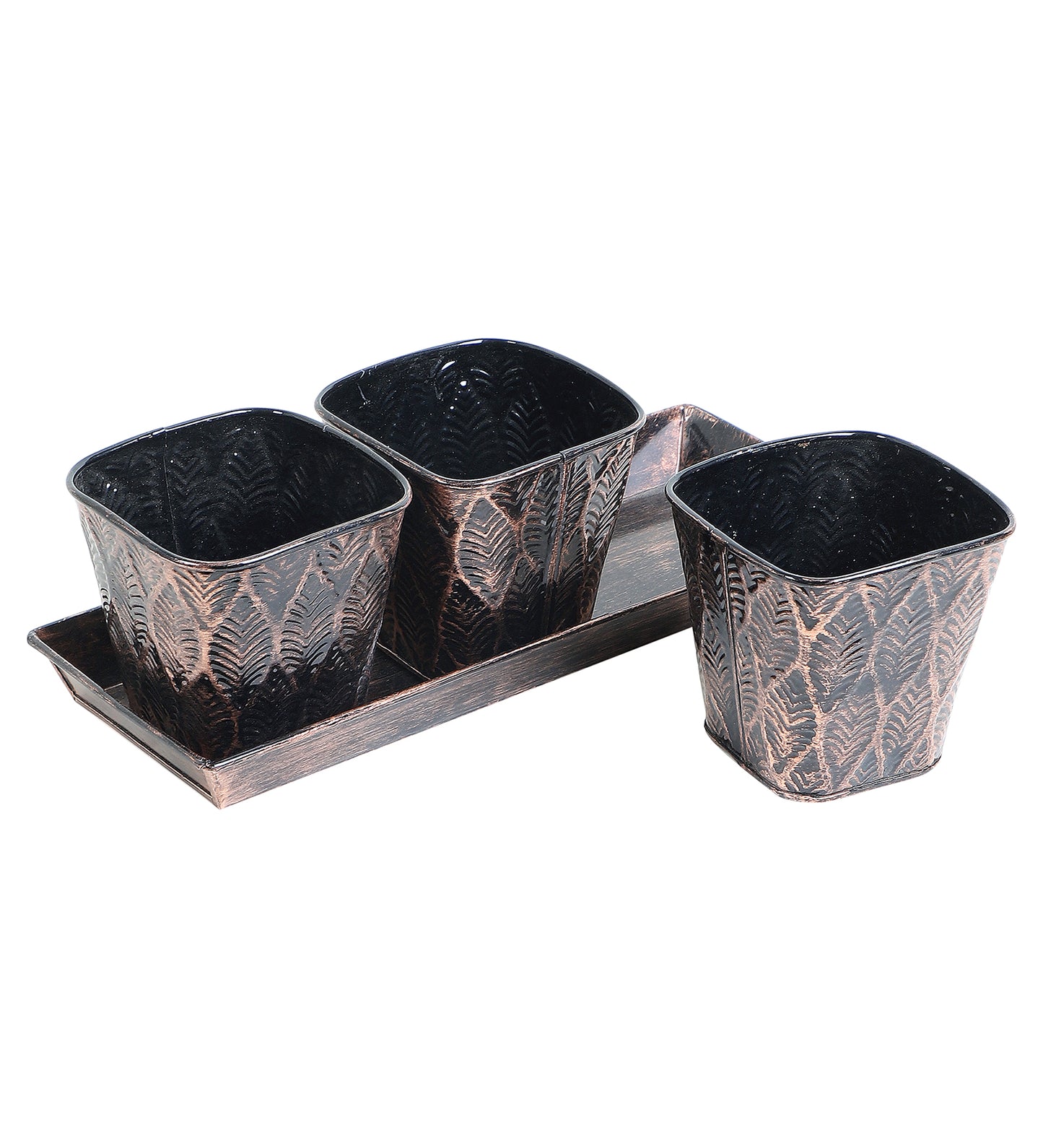 Copper & Black Metal Table Planters with Tray Set of 4