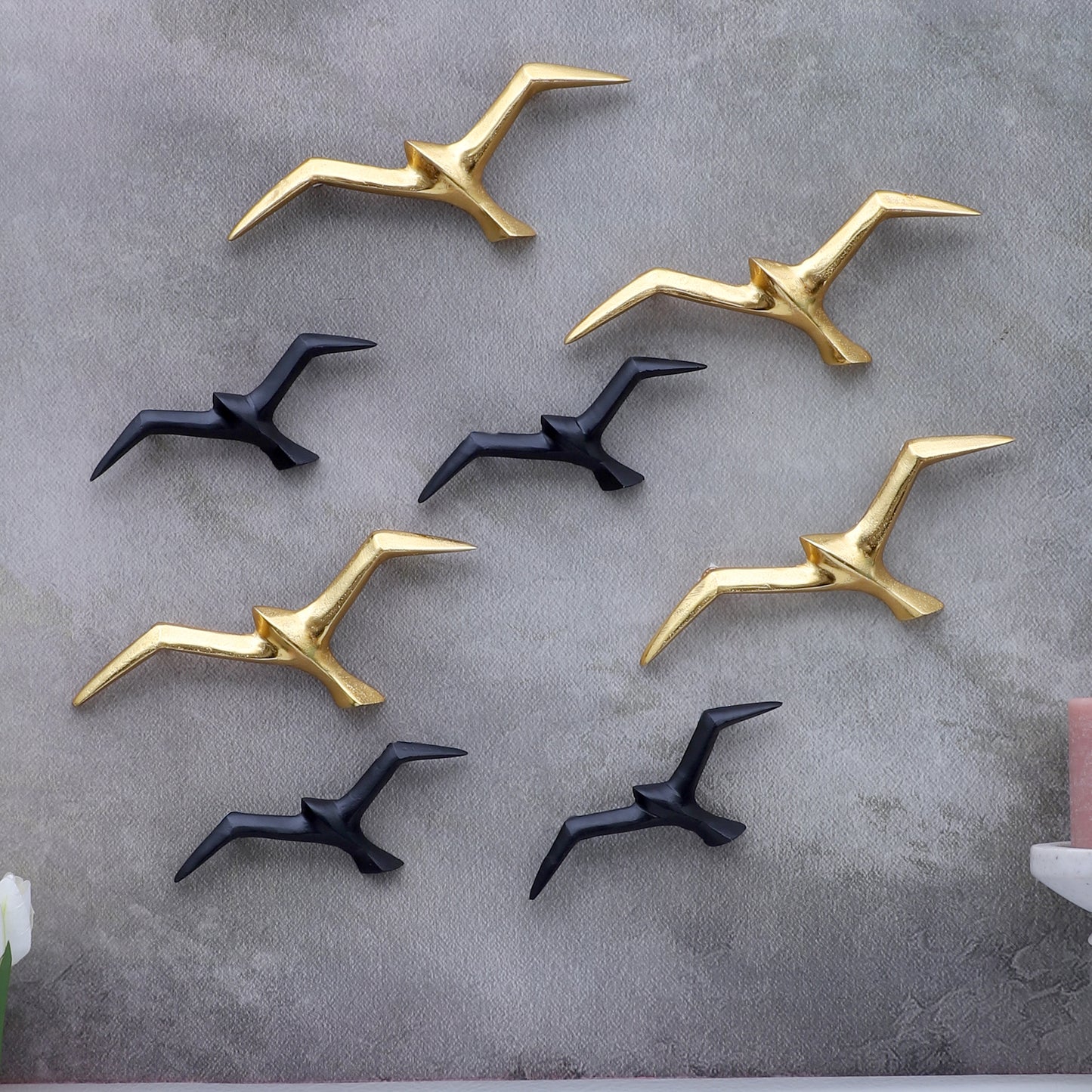 Flying Black & Gold Aluminium Bird Set of 8