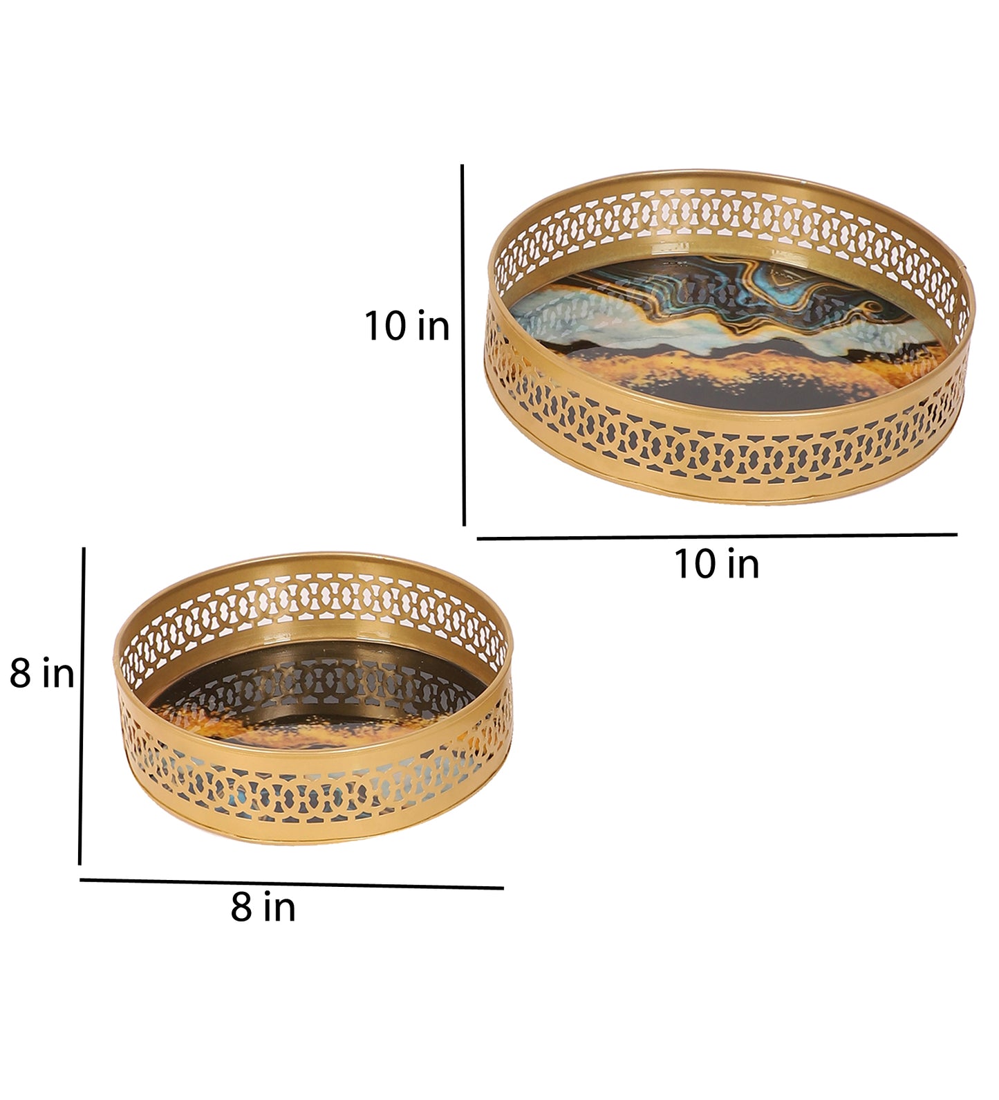 Round Blue & Black Metal Meeena Tray Set of 2