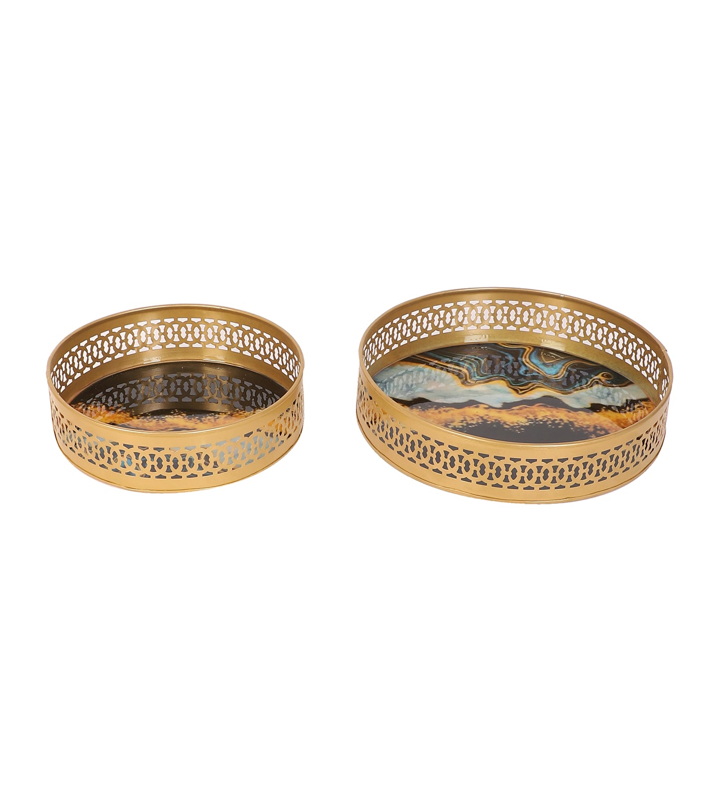 Round Blue & Black Metal Meeena Tray Set of 2