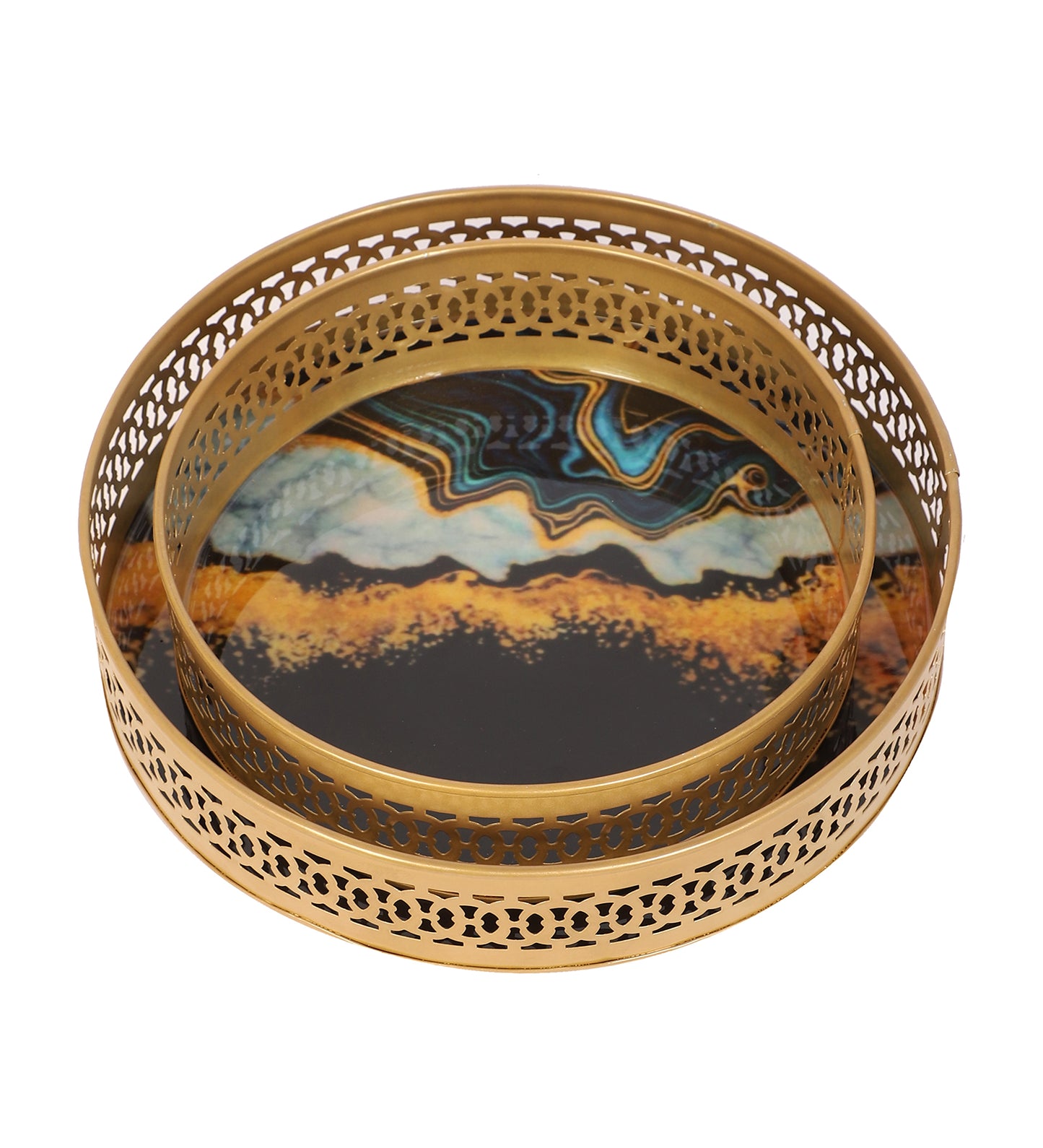 Round Blue & Black Metal Meeena Tray Set of 2
