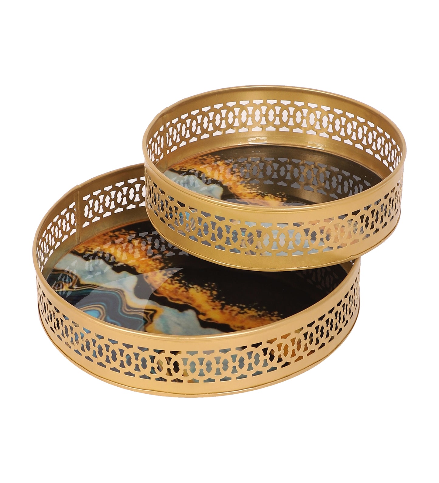 Round Blue & Black Metal Meeena Tray Set of 2