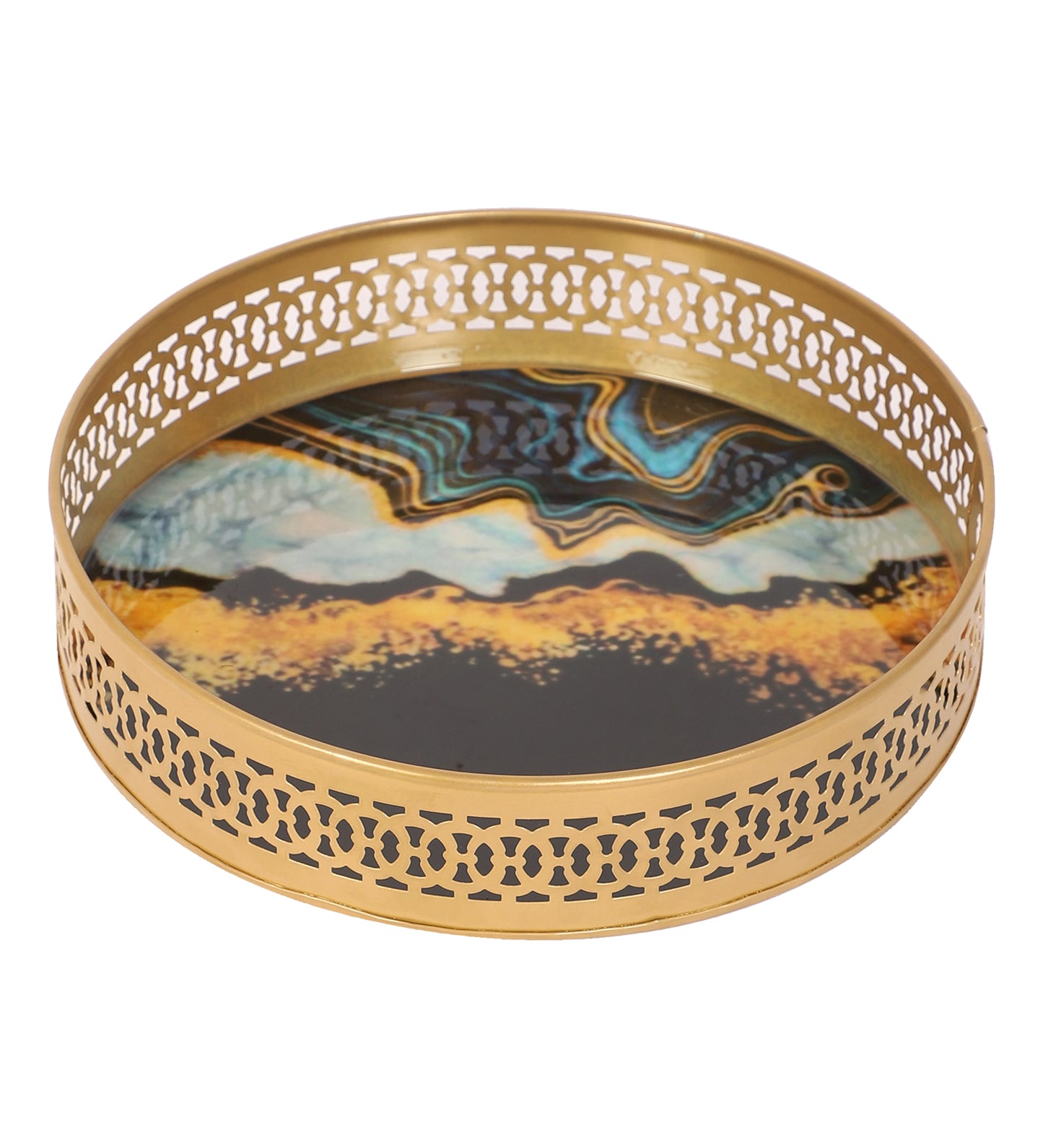 Round Blue & Black Metal Meeena Tray Set of 2