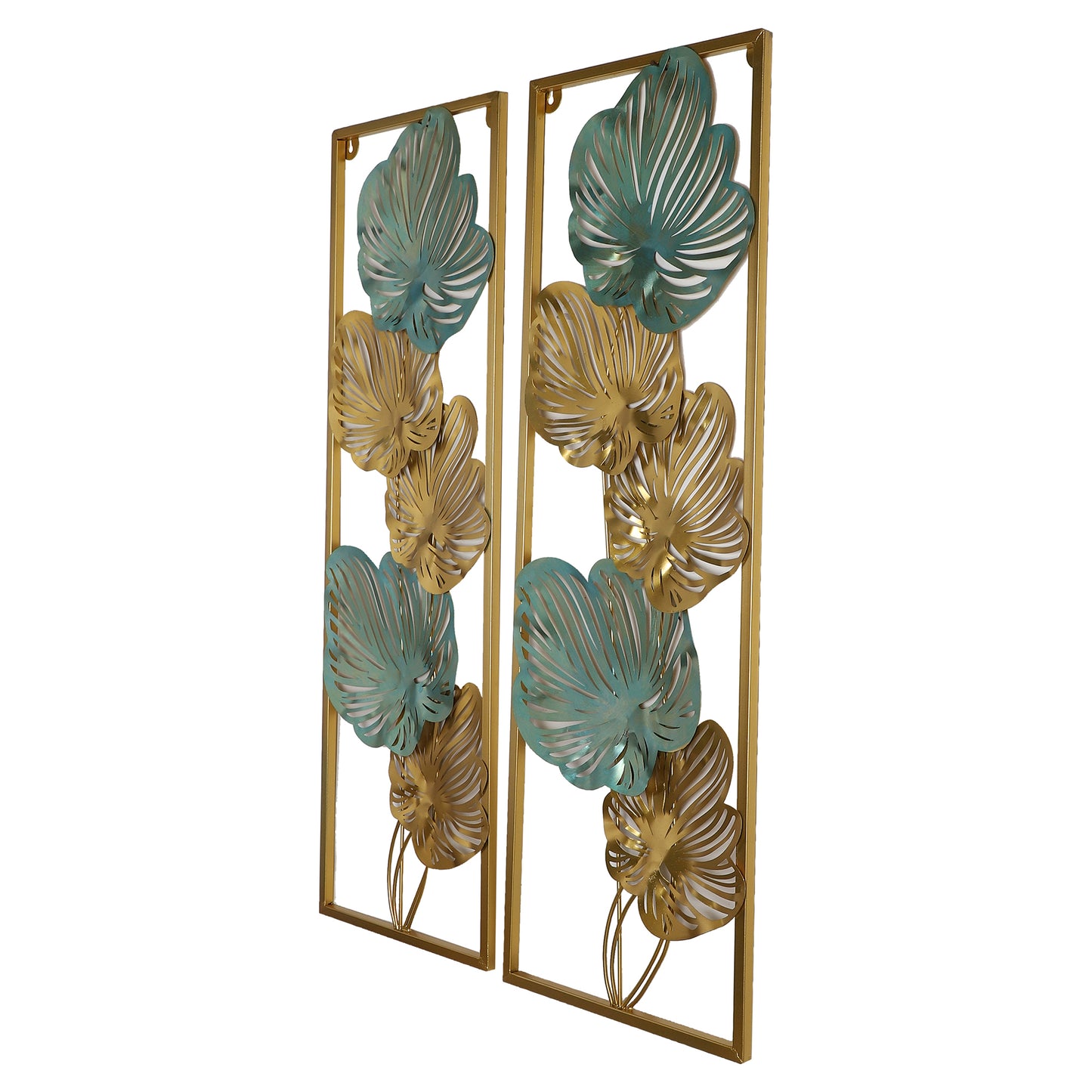 Green & Gold Etchiing Leaves Rectangular Wall  Décor Set of 2