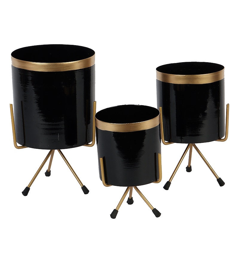 Black & Gold Pipe Planter With Stand Set of 3