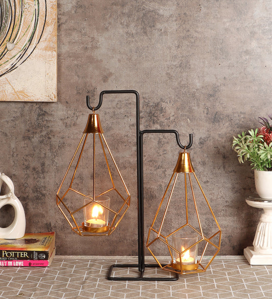 Gold Double Diamond Pendulam Tealight Holder with Glass