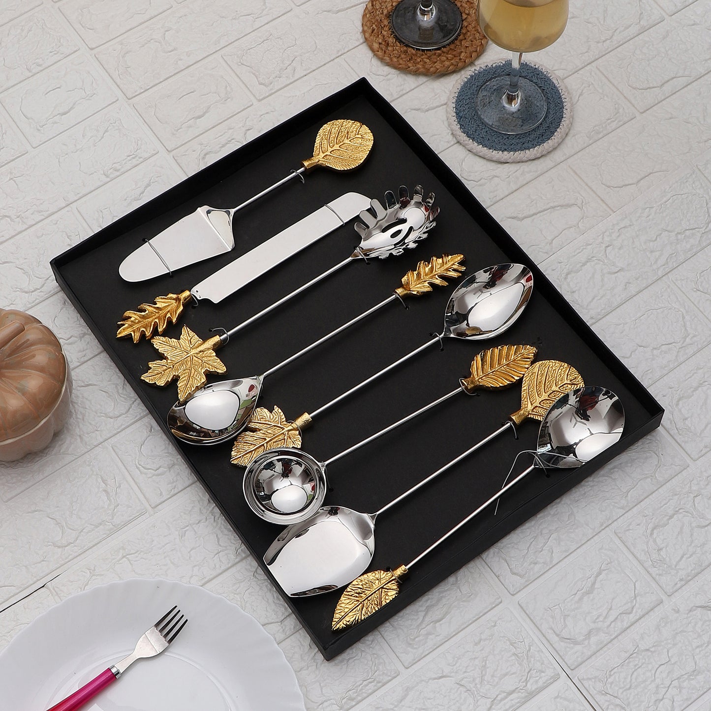 Gold Leaf & Silver Steel Serving Set of 8