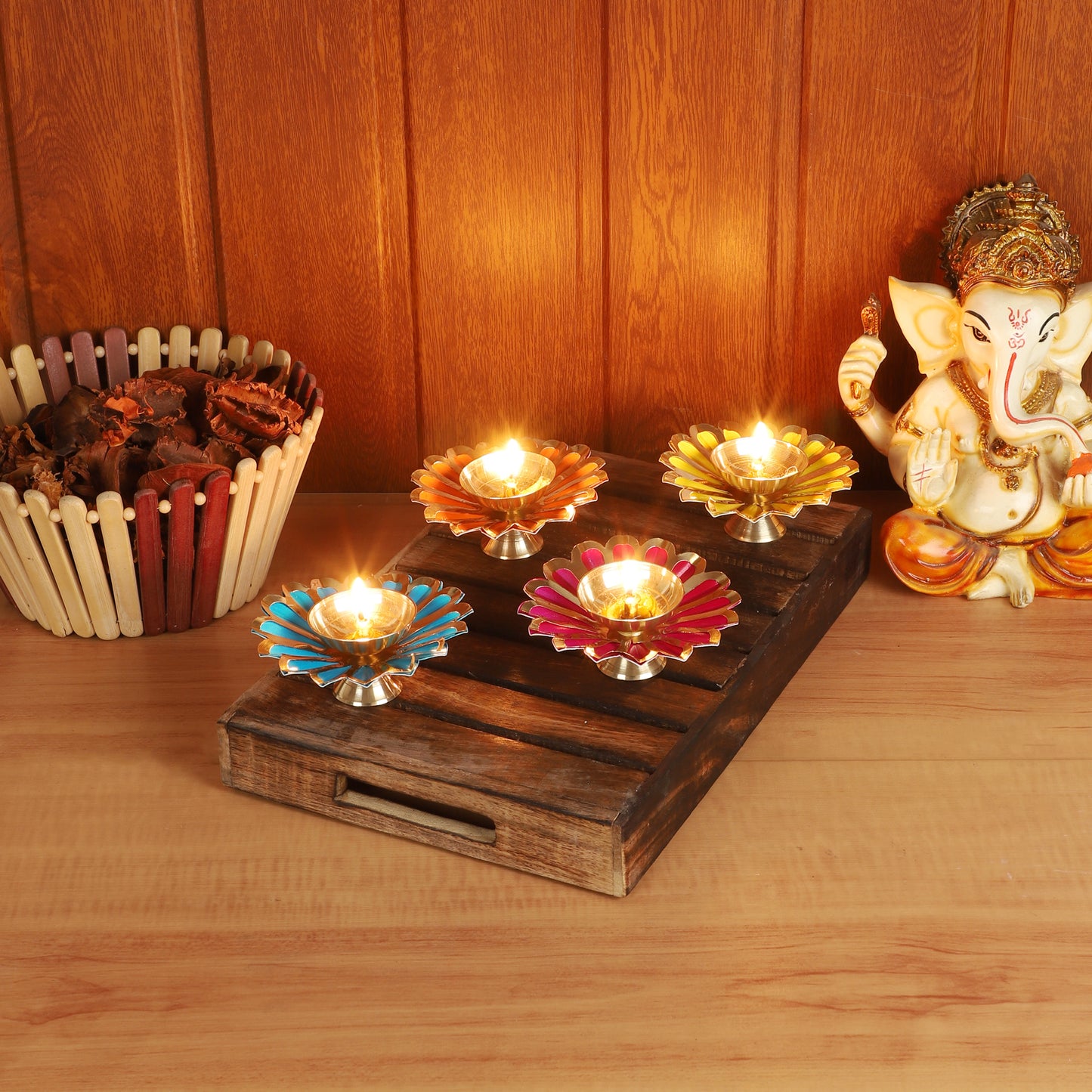 Colored Brass Akhand Dia Set of 4