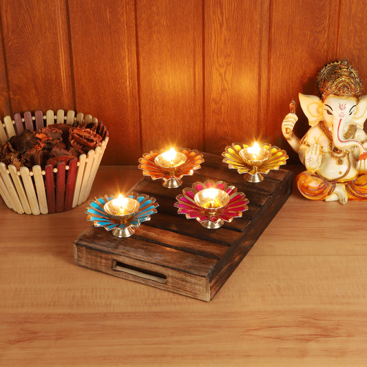 Colored Brass Akhand Dia Set of 4