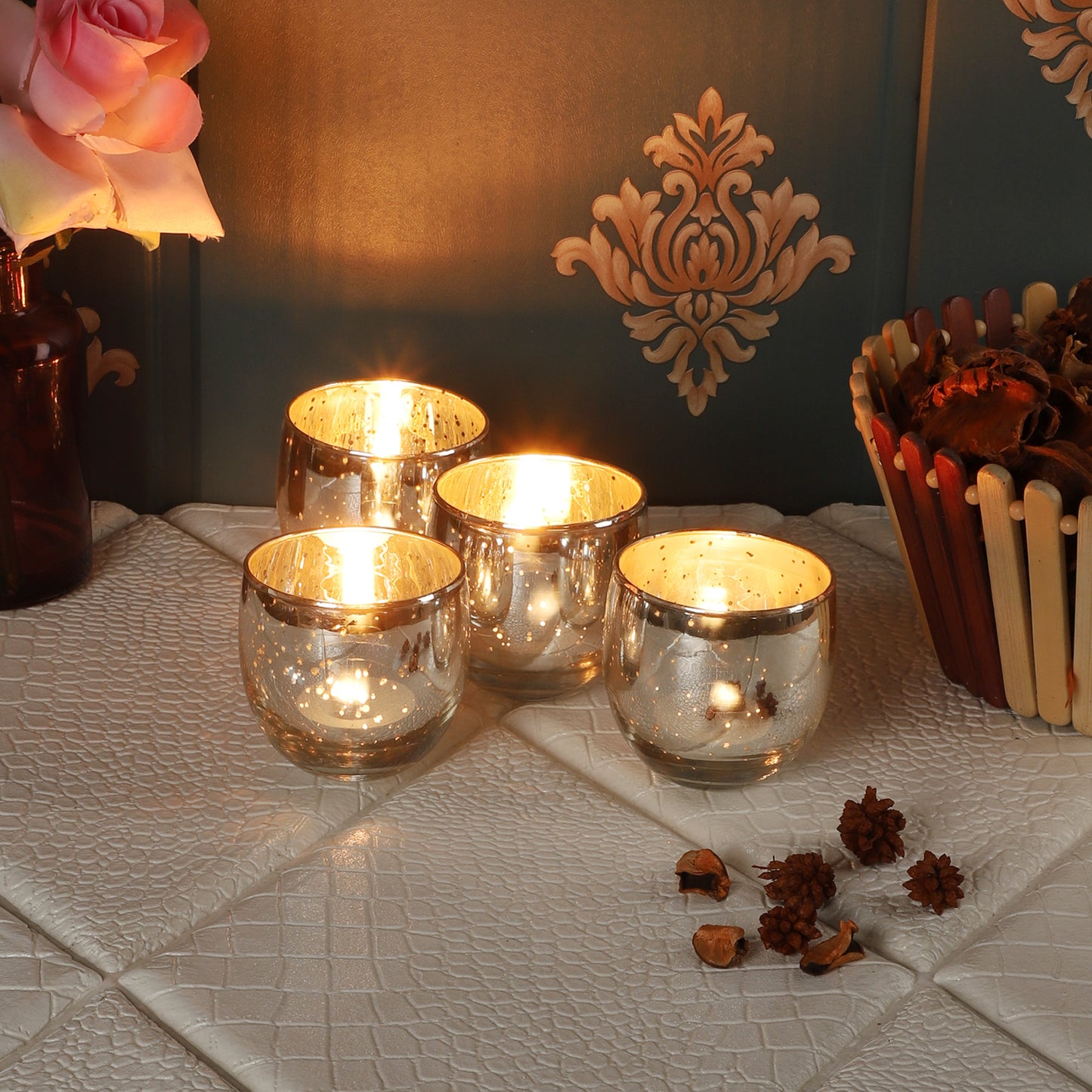 Big SIlver Glass Votive Set of 4