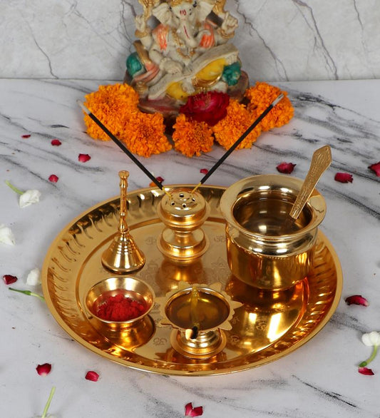 Gold Steel Pooja Thali With Velvet Box